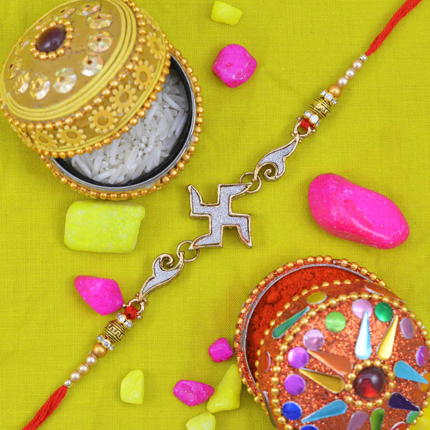 Beautiful Swastik Rakhi with Pearls and Beads