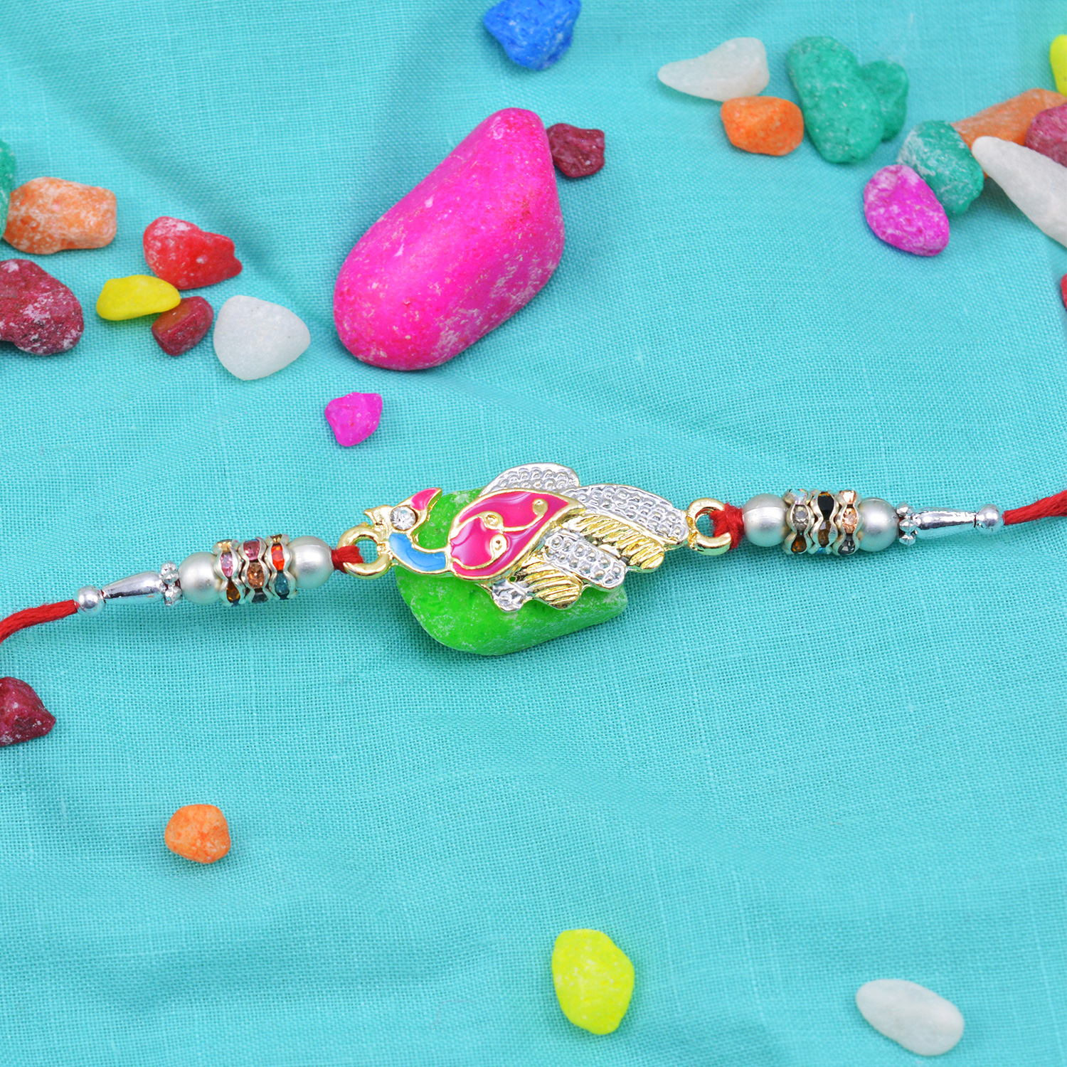 Multi Color Peacock Rakhi with Beads and Pearls