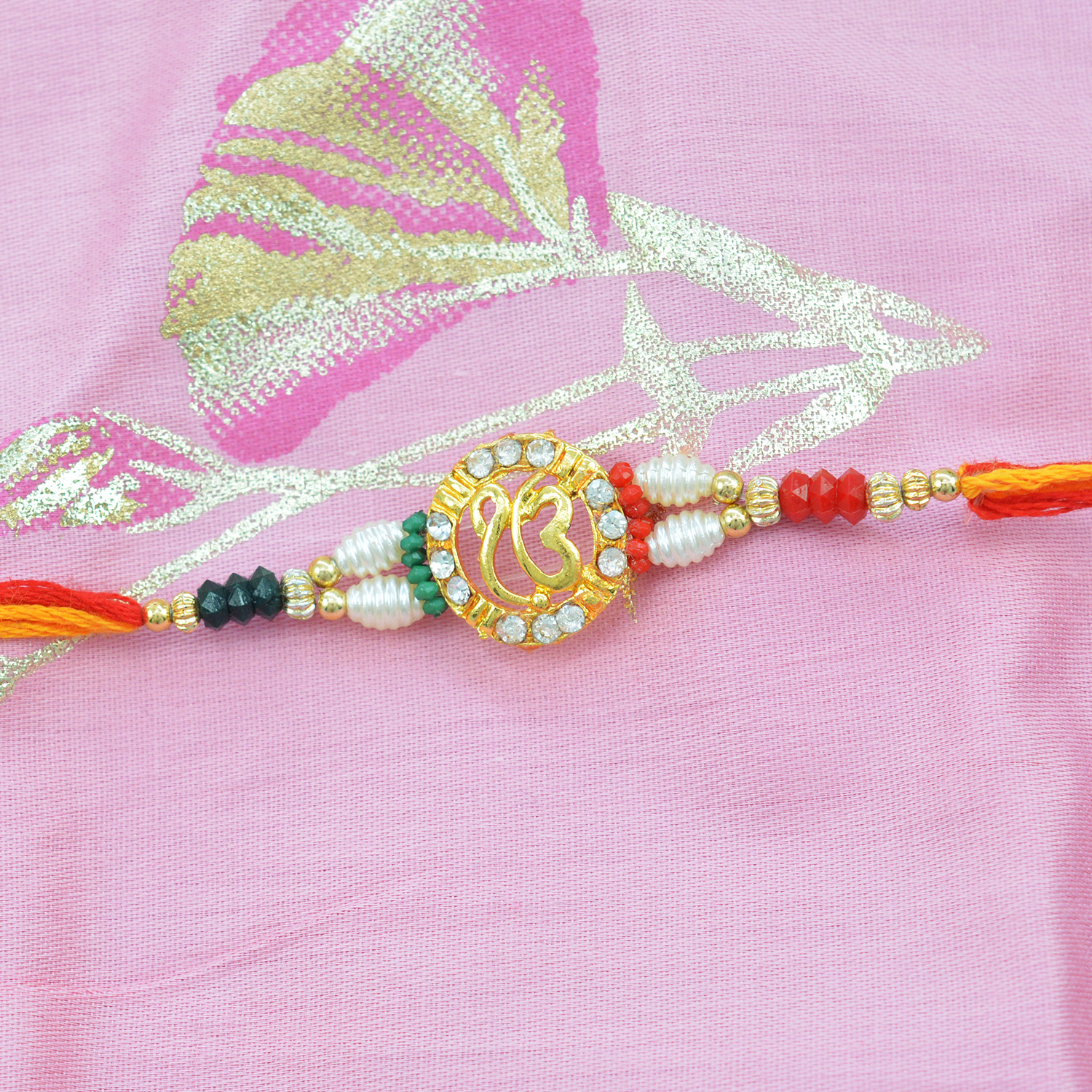 Golden Sikh Onkar Rakhi with Colored Beads