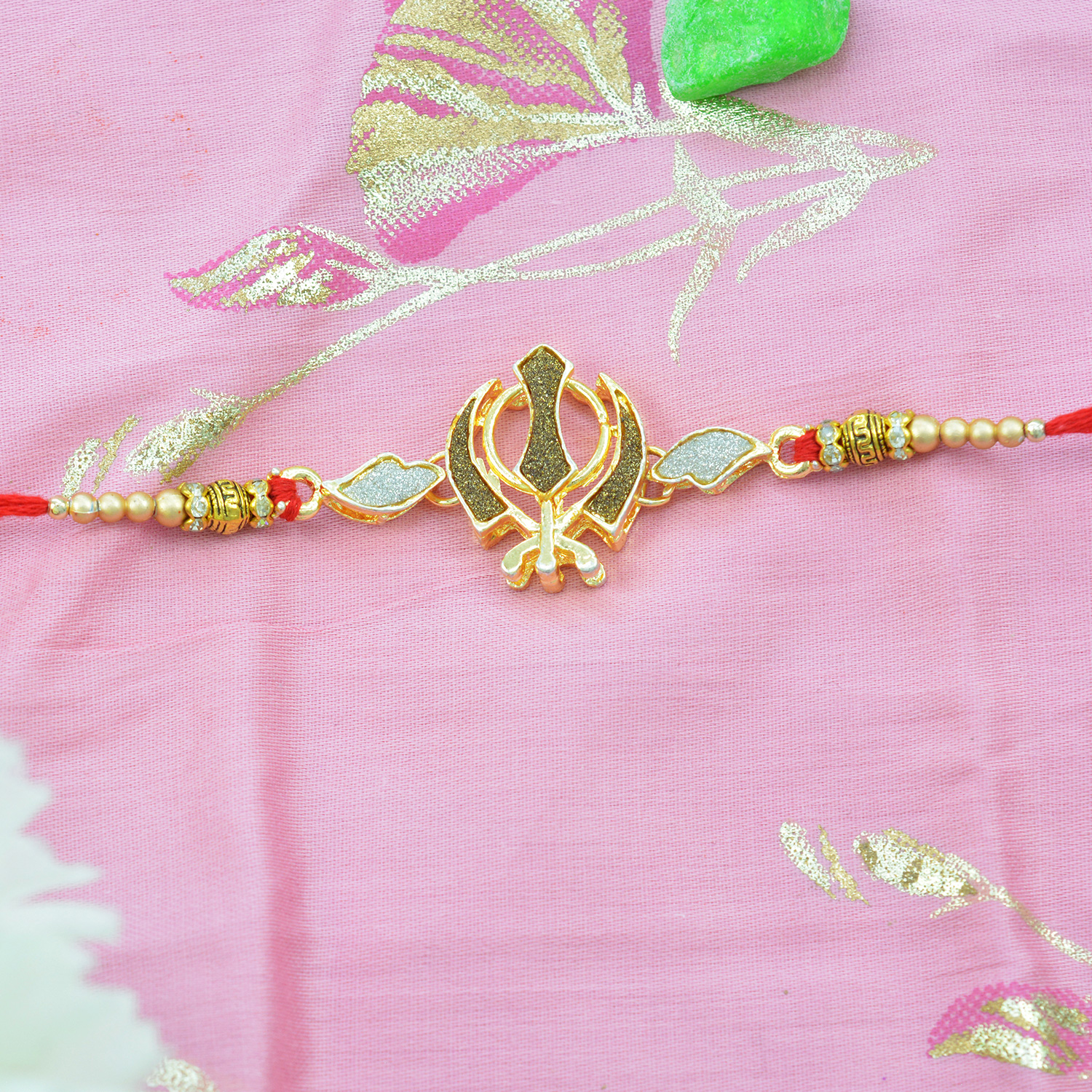 Beautiful Sikh Khanda Rakhi With Golden Beads