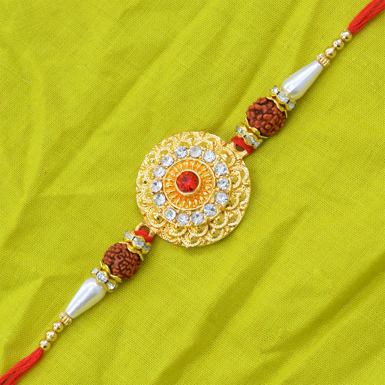 Round Shape Golden Color Rudraksh Rakhi with Beads