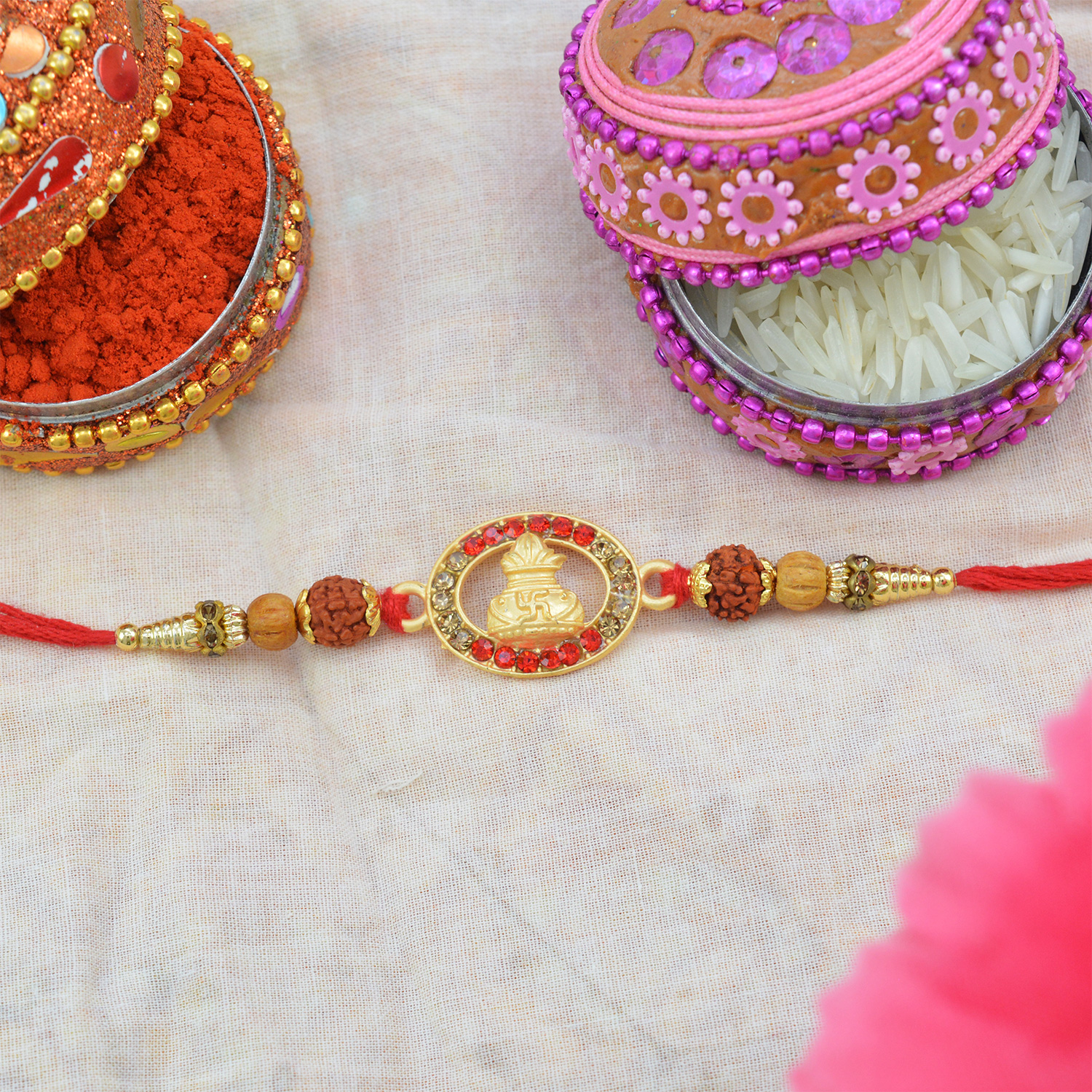 Round Shape Kalash Designer Rakhi With Rudraksh and Beads