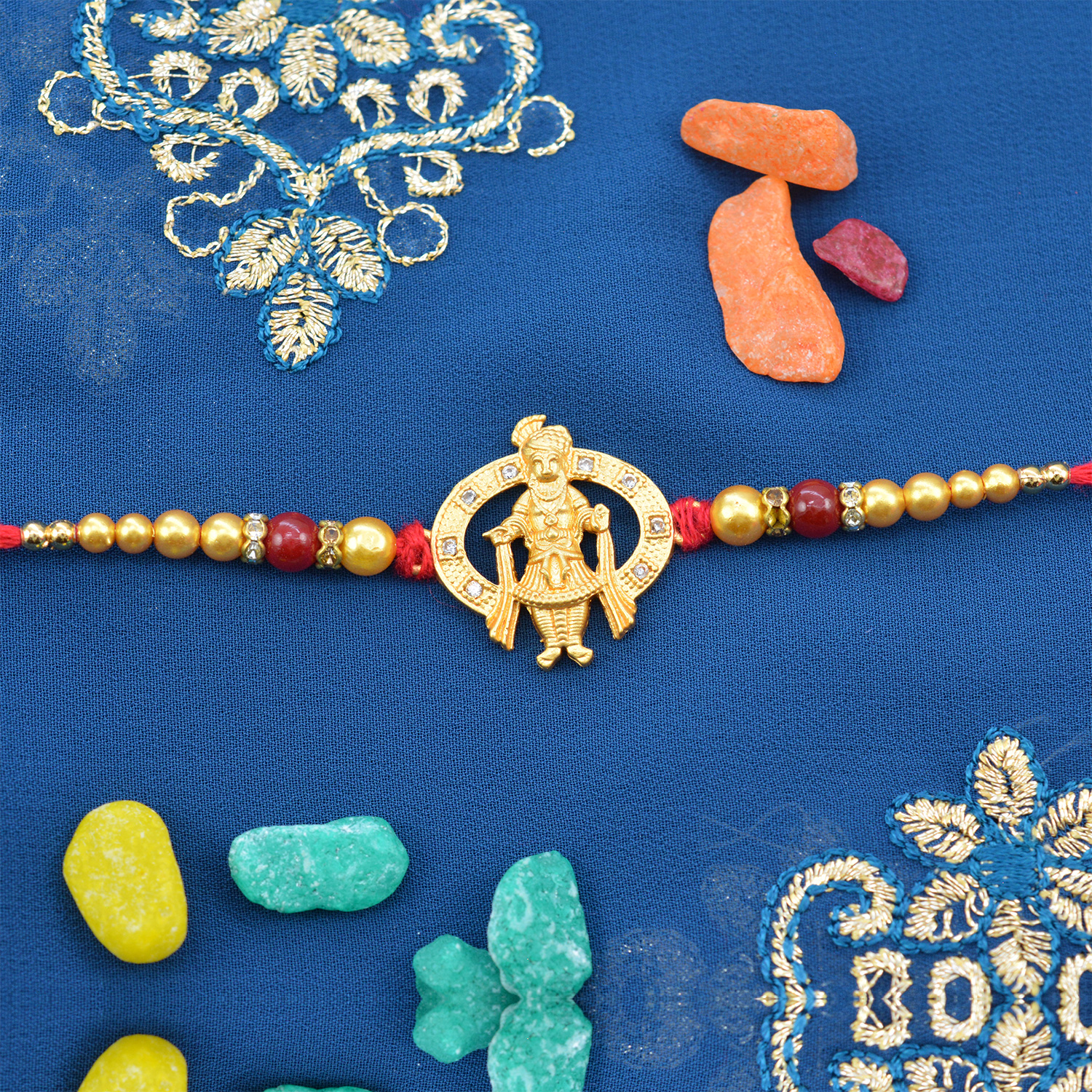 Golden Color Krishna Rakhi With Multicolor Pearls