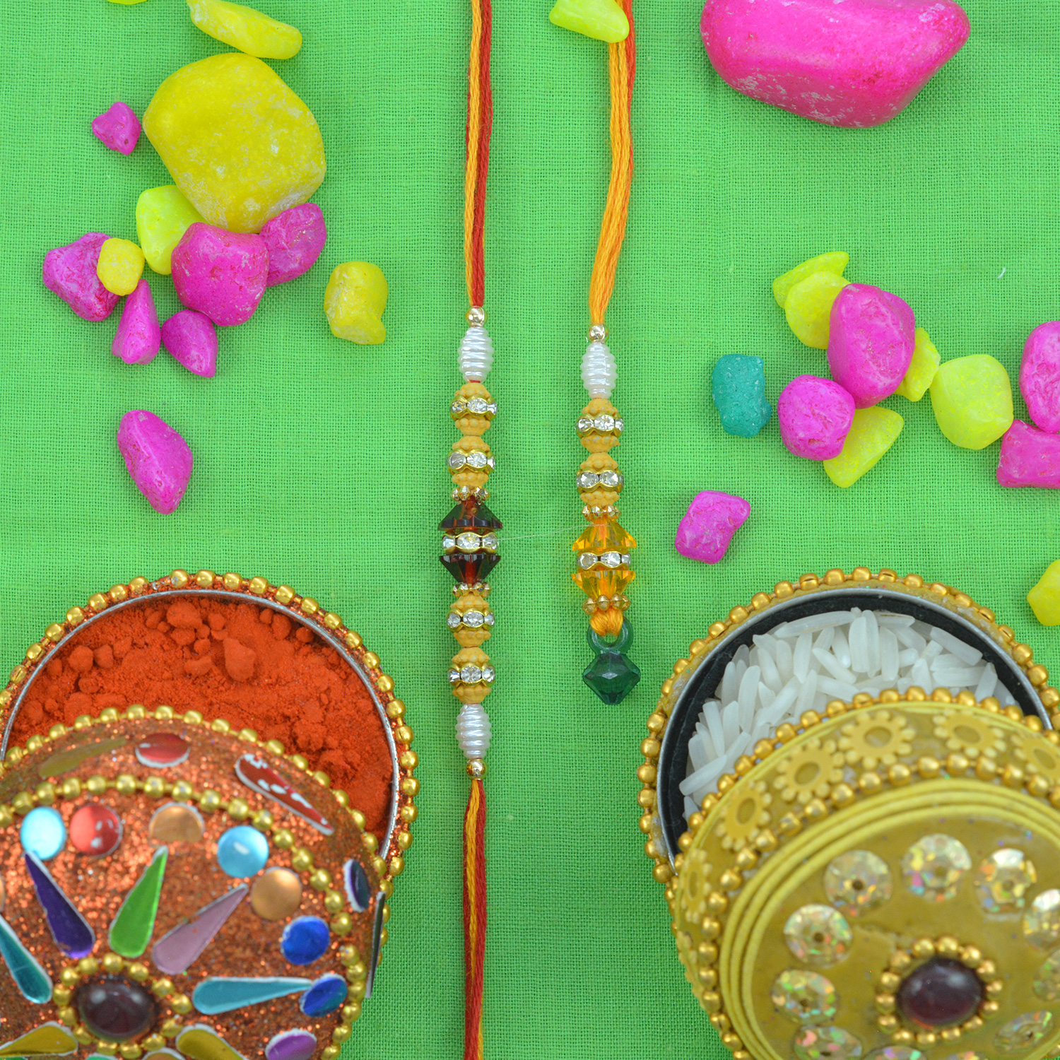 Stunning Glasses Beads Liner Amazing Bhaiya Bhabhi Rakhi Set