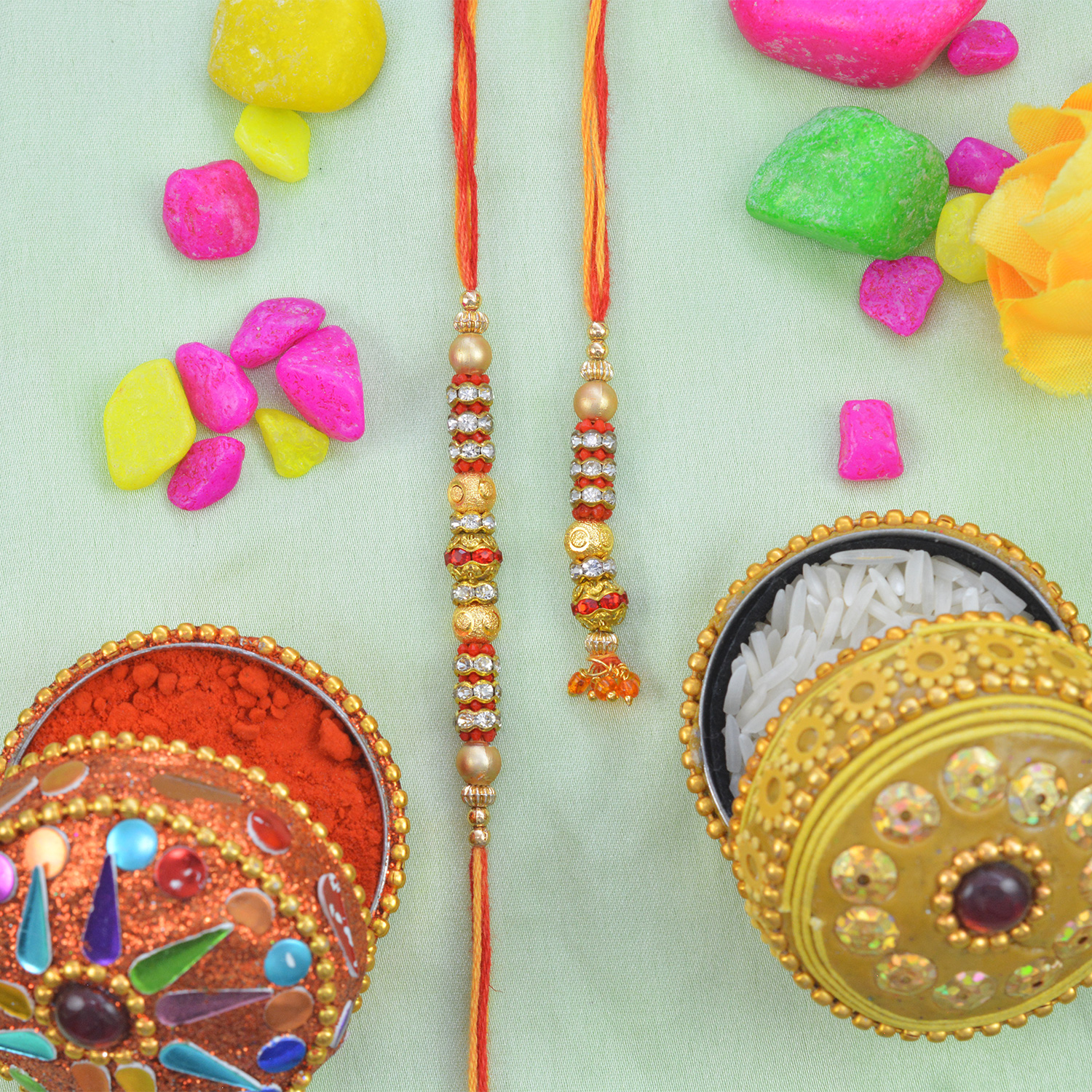 Red, Silver and Golden Color Elegant Rakhis For Bhaiya and Bhabhi