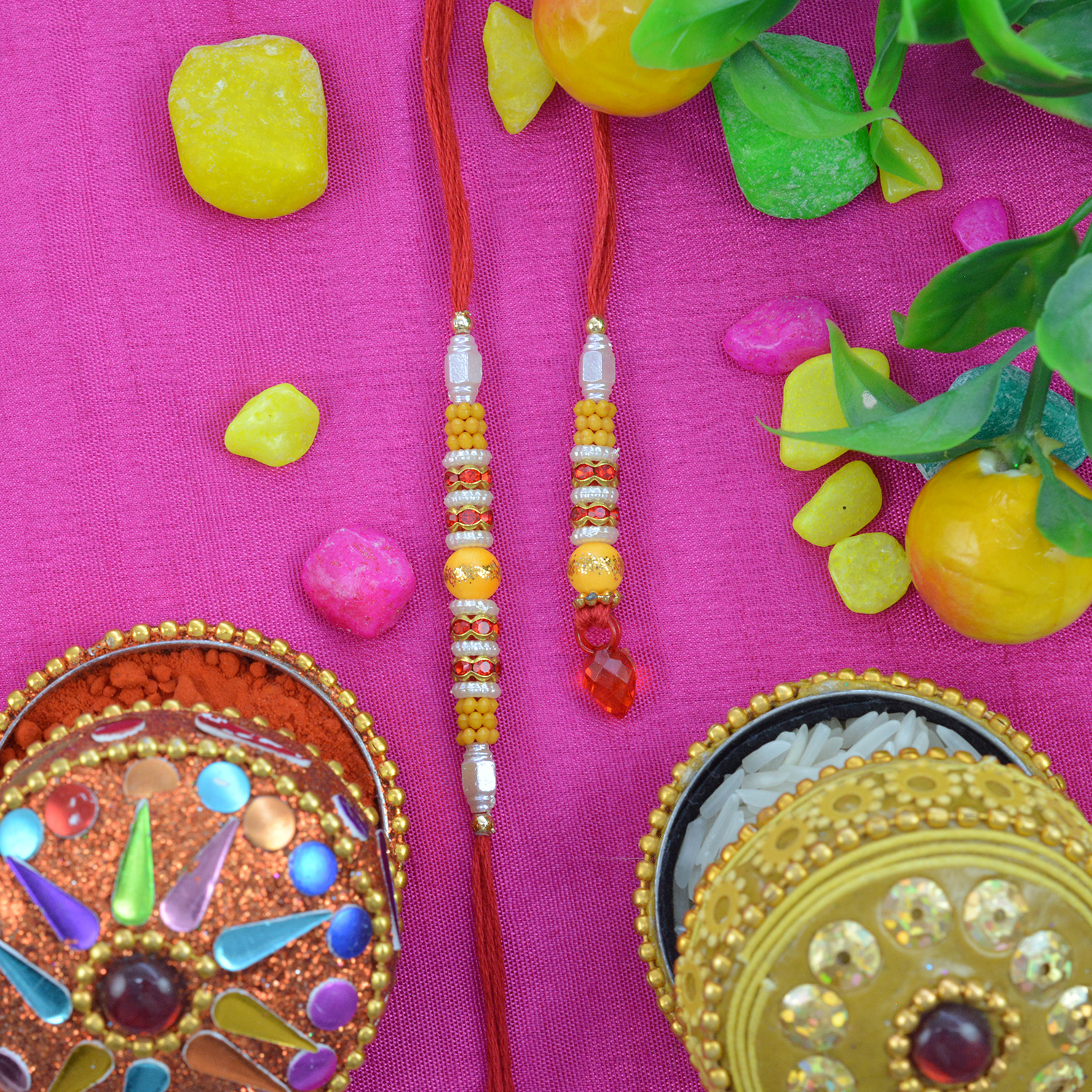 Red Silk Single Bead Jewel Stylish Bhabhi and Bhaiya Rakhi Set
