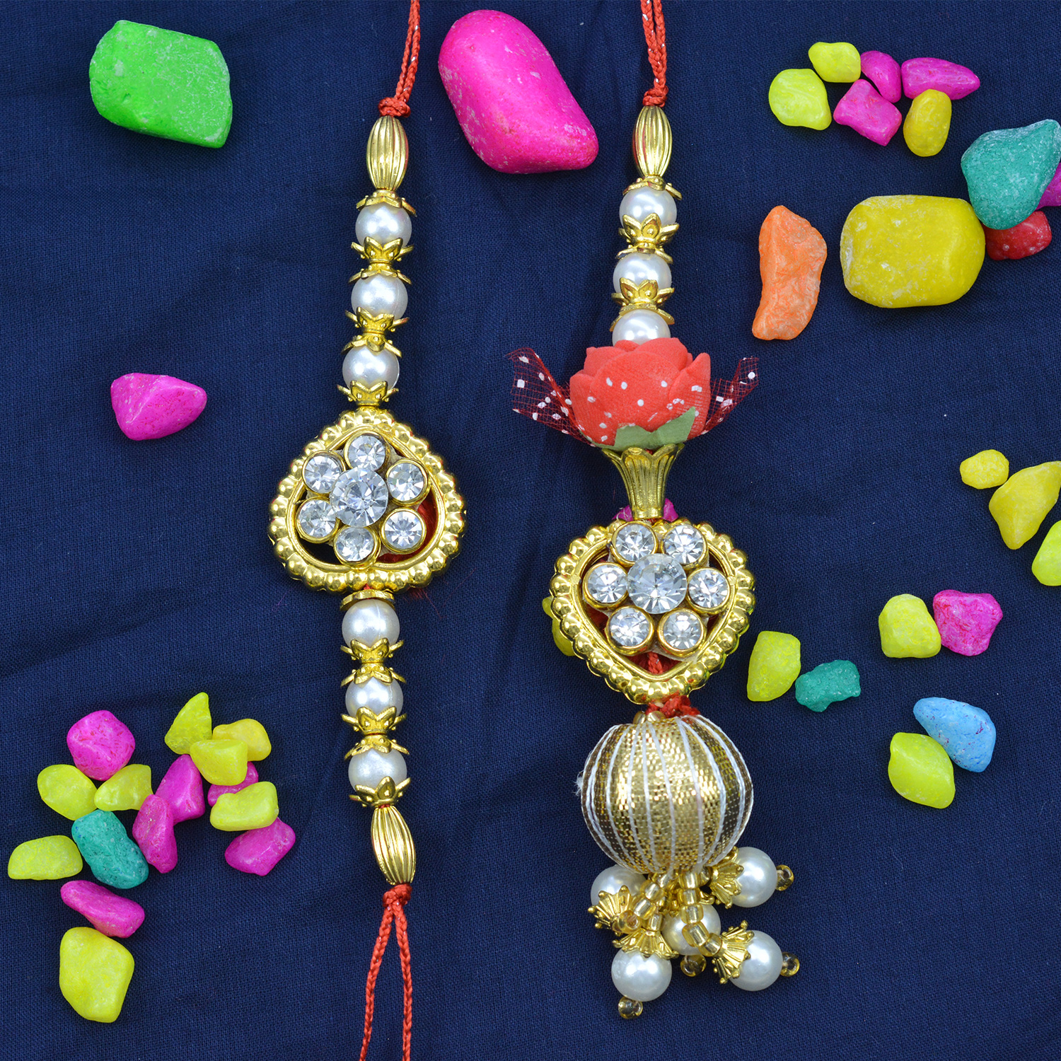 White Beads Heart Shape Designer Golden Color Pretty Looking Bhaiya bhabhi Rakhi Set 