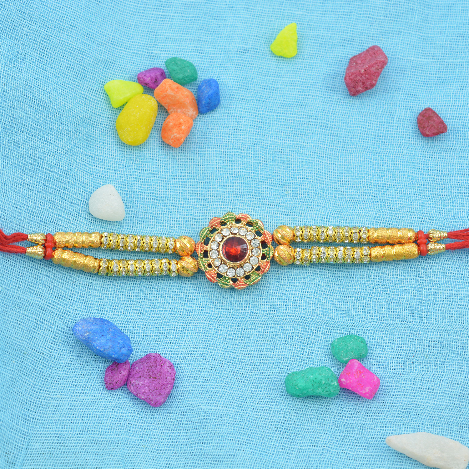 Amazing Work of Kundan Meena Golden Color Beads Rakhi