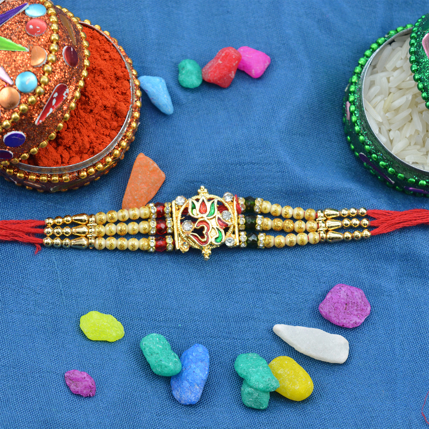 Stylish Looking Auspicious Multiple Thread Om Beads Rakhi