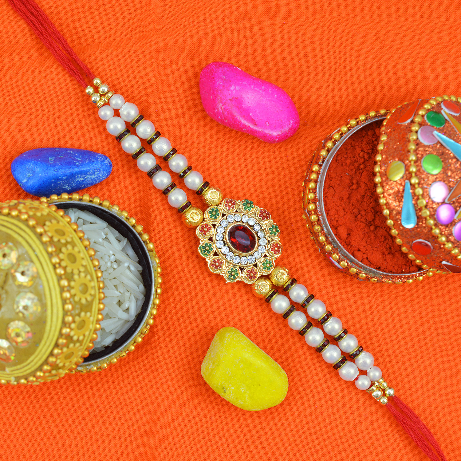 Glorious and Amazing White and Golden Color Beads Rakhi for Brother