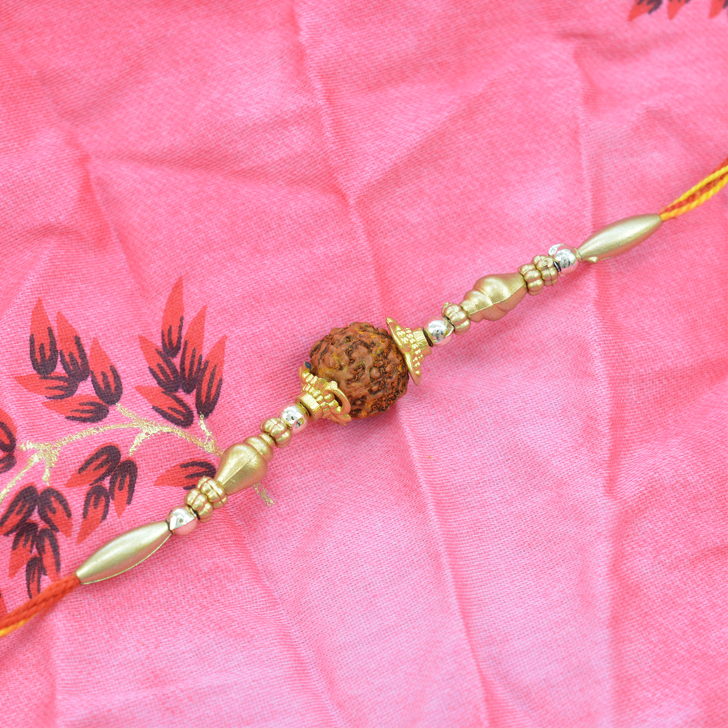 Golden Beads Thread Rakhi with Rudraksha in the Middle