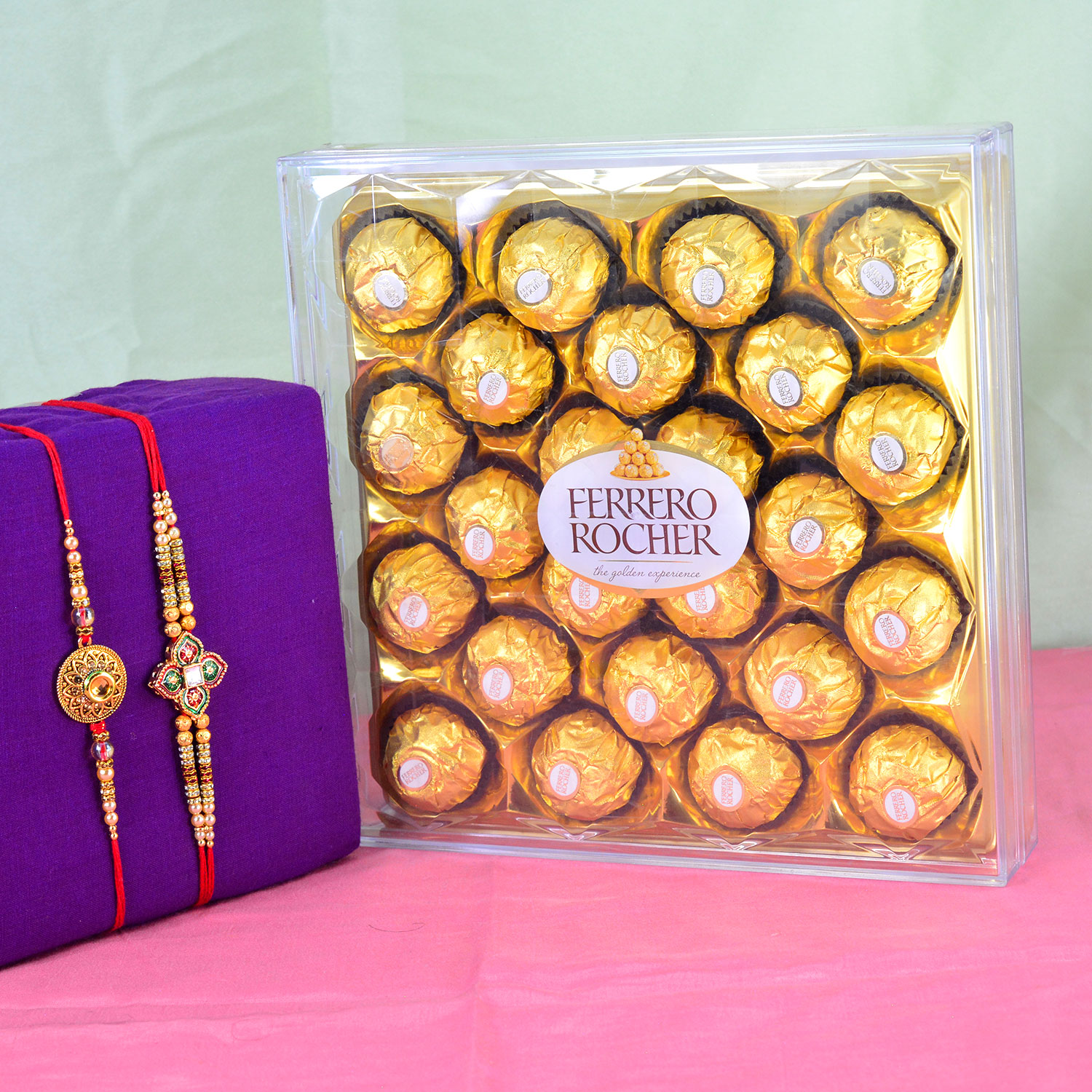 Kundan Meen Work Golden 2 Brother Rakhi with Ferrero Rocher Chocolate