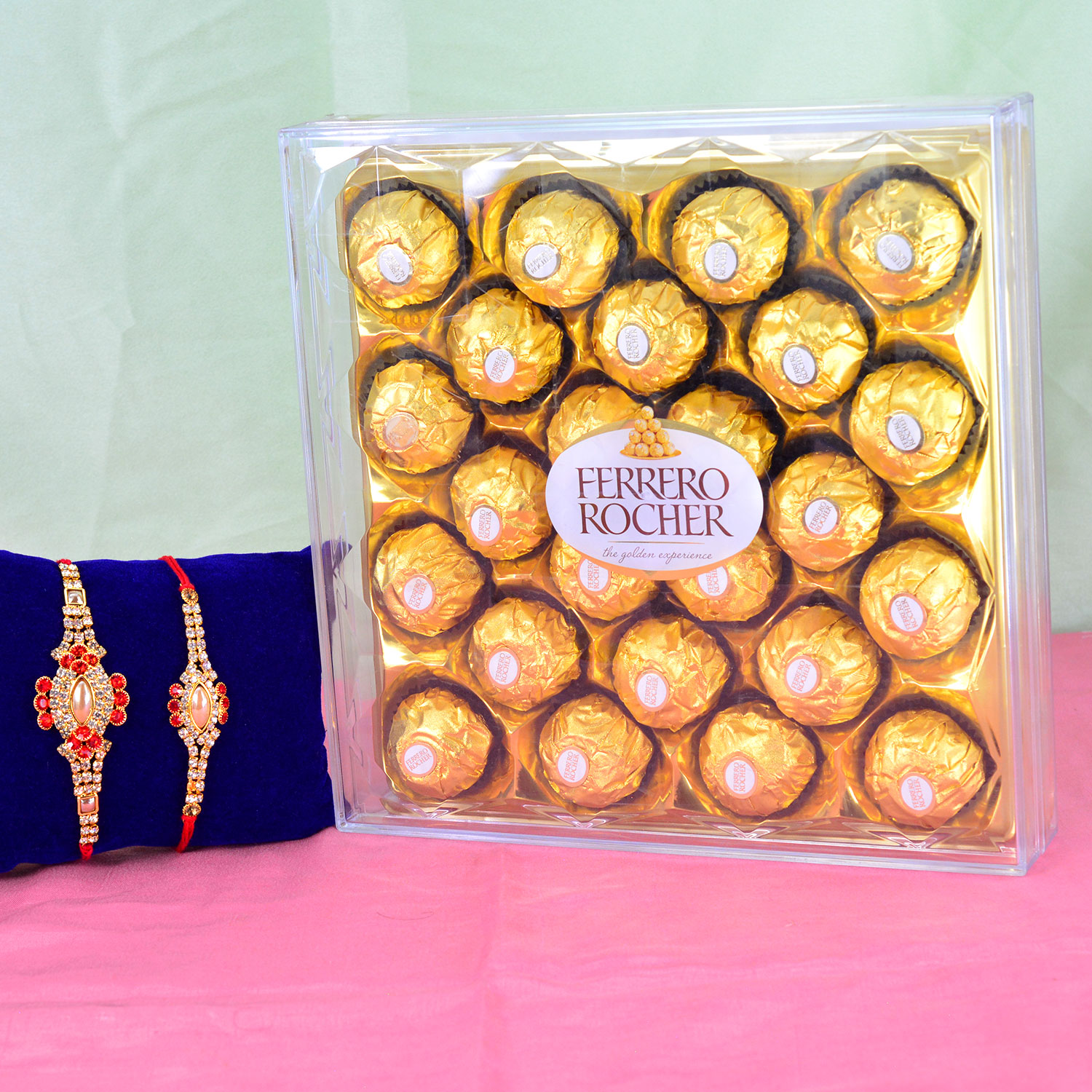Pearl Studded 2 Jewel Brother Rakhi with Ferrero Rocher Big