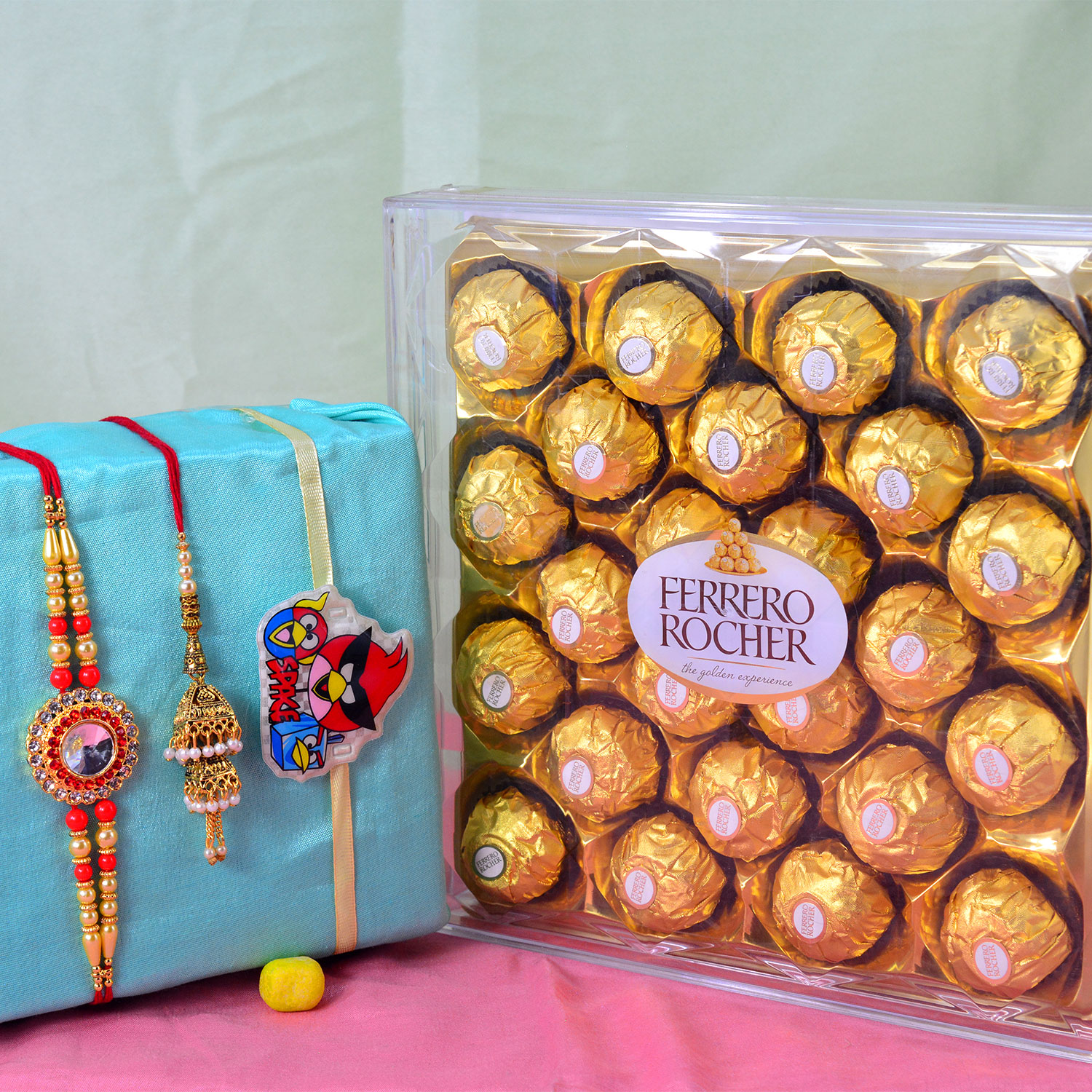 Beaded Bhaiya Bhabhi Rakhi with Angry Bird Kid Rakhi and Ferrero Rocher Chocolate 24 Pieces