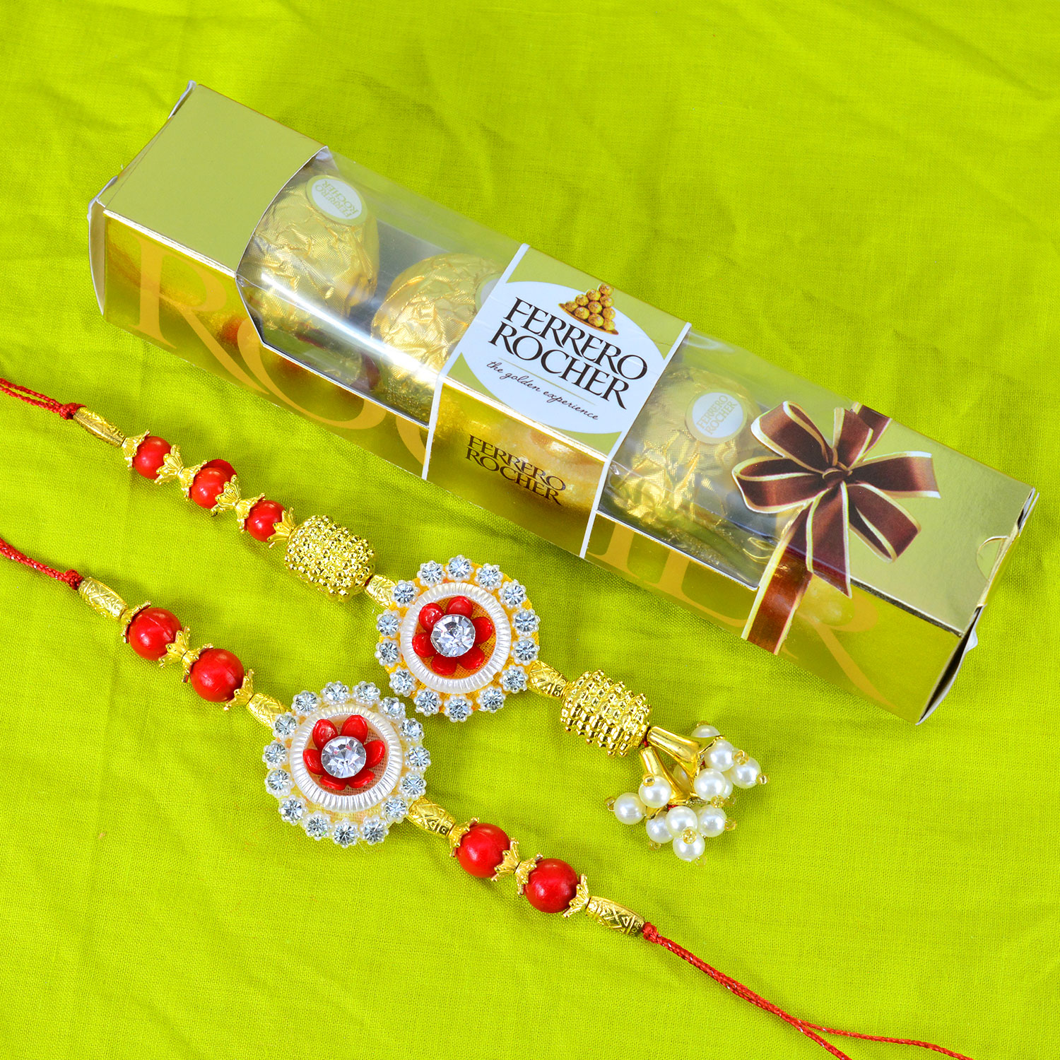 Floral Shape Bhaiya Bhabhi Rakhi with Tasty Ferrer Rocher Chocolate
