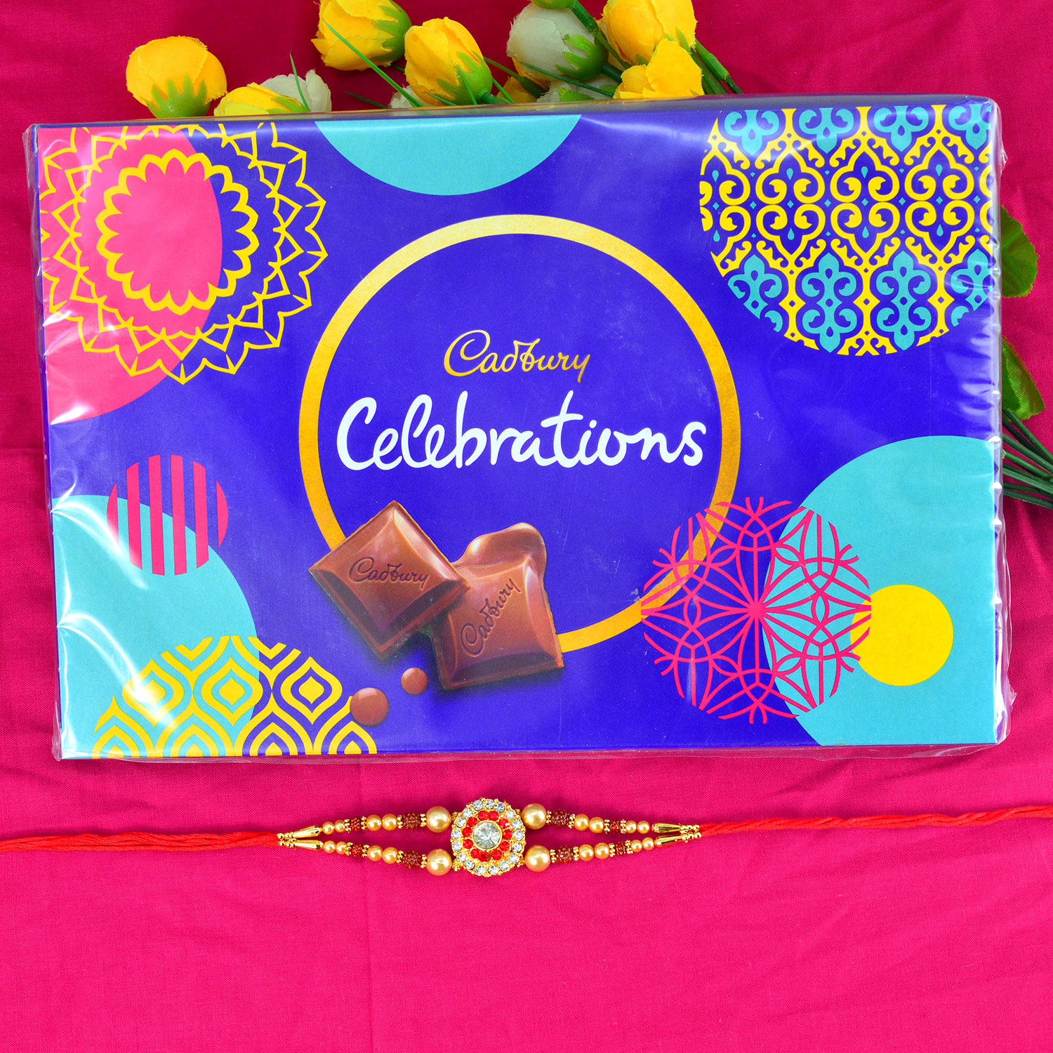 Golden Designer Bhaiya Rakhi with Cadbury Celebration Small