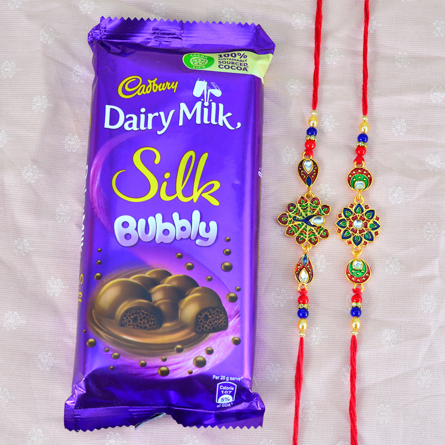 2 Amazing Kundan Meena work Rakhis for Brother Cadbury Dairy Milk Silk Bubbly Chocolate 