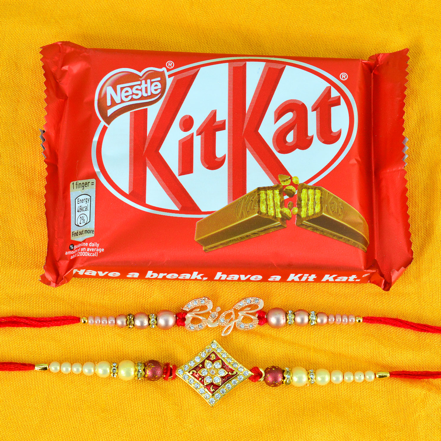 2 Jewel Studded Brother Rakhis with Nestle Kitkat Small