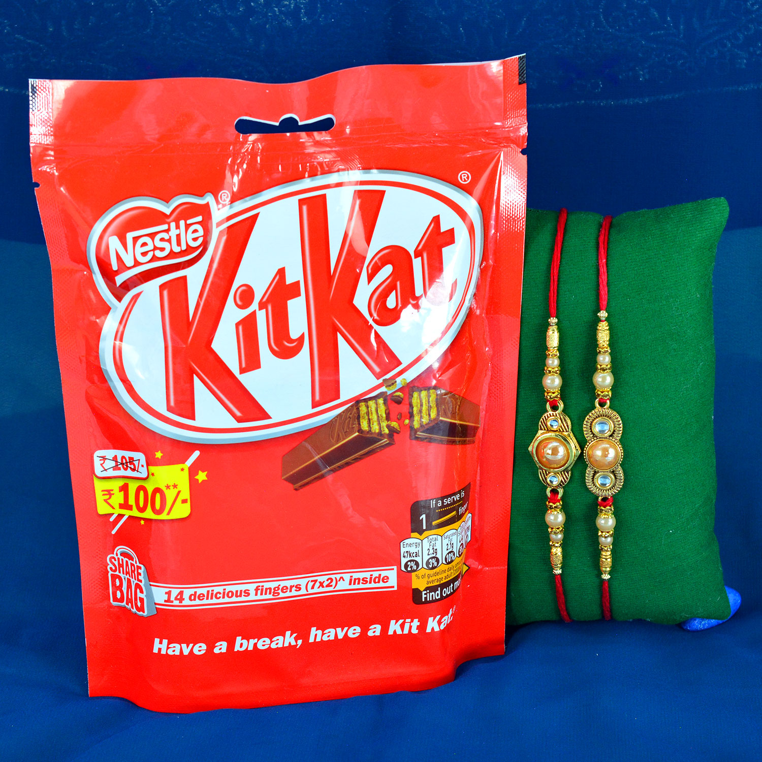 2 Amazing Pearl Studded Brother Rakhis with Nestle Kitkat Chocolates Pack