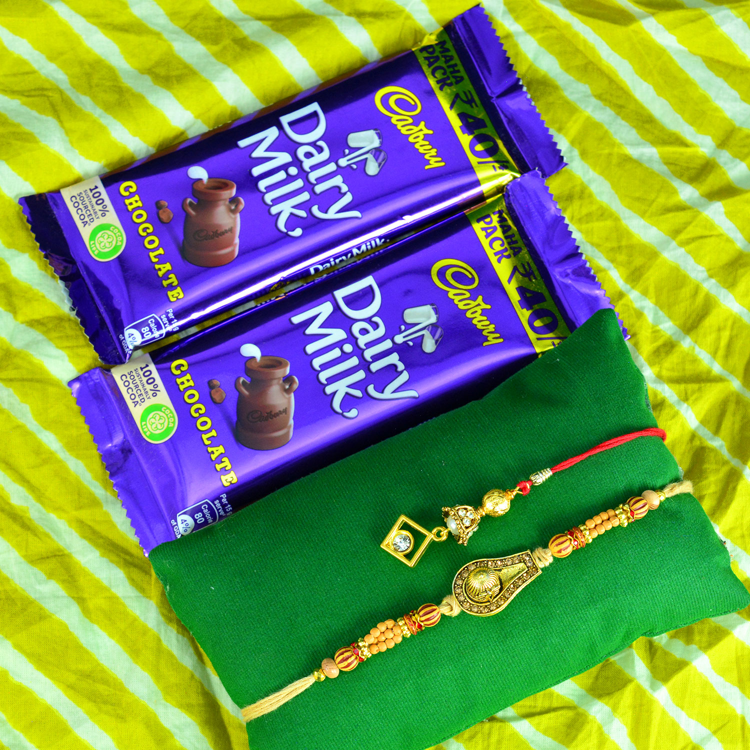 Cadbury Dairy Milk Small Combo Chocolates with Amazing Auspicious Bhaiya Bhabhi Rakhis 