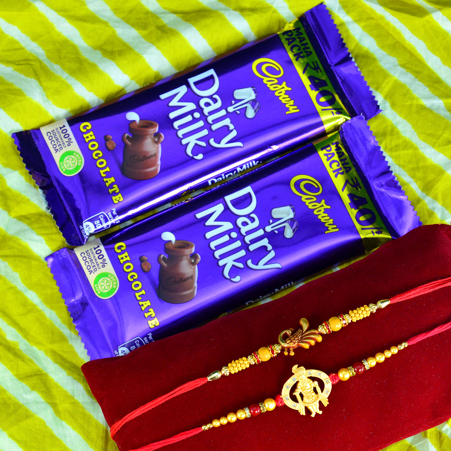 2 Elegant Brother Rakhis with Cadbury Dairy Milk Small Combo Chocolates