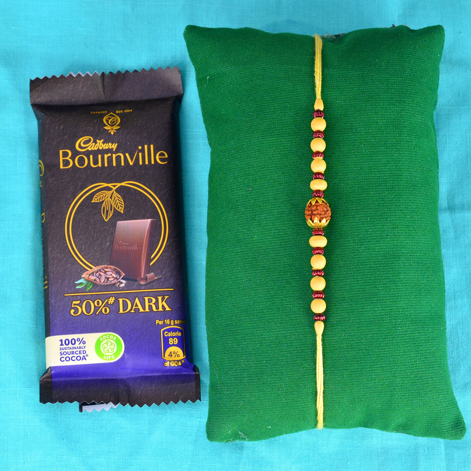 Cadbury Small Bournville Chocolate with Khaki Color Beaded Brother Rakhi