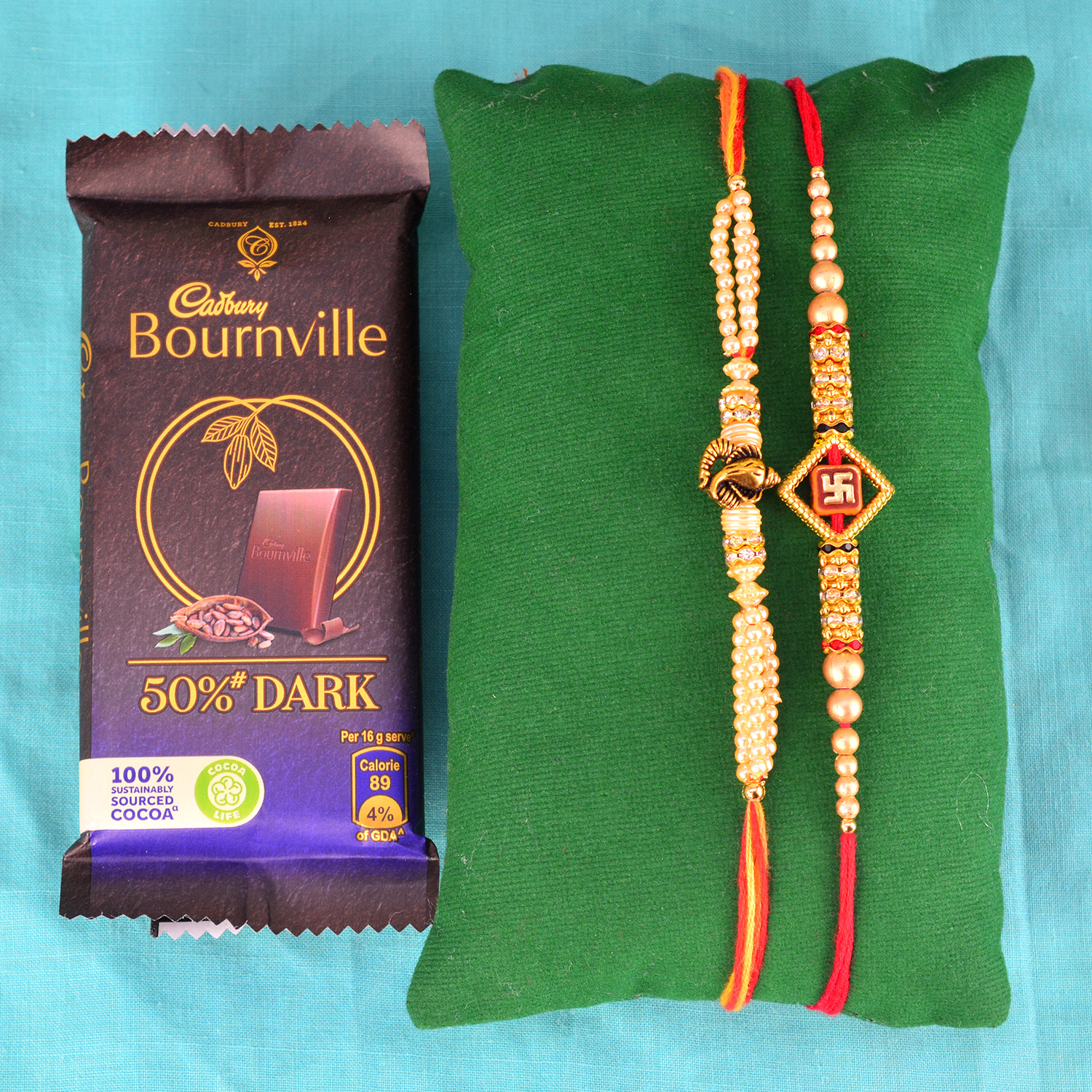 2 Diving Golden Fancy Brother Rakhis with Cadbury Small Bournville Chocolate