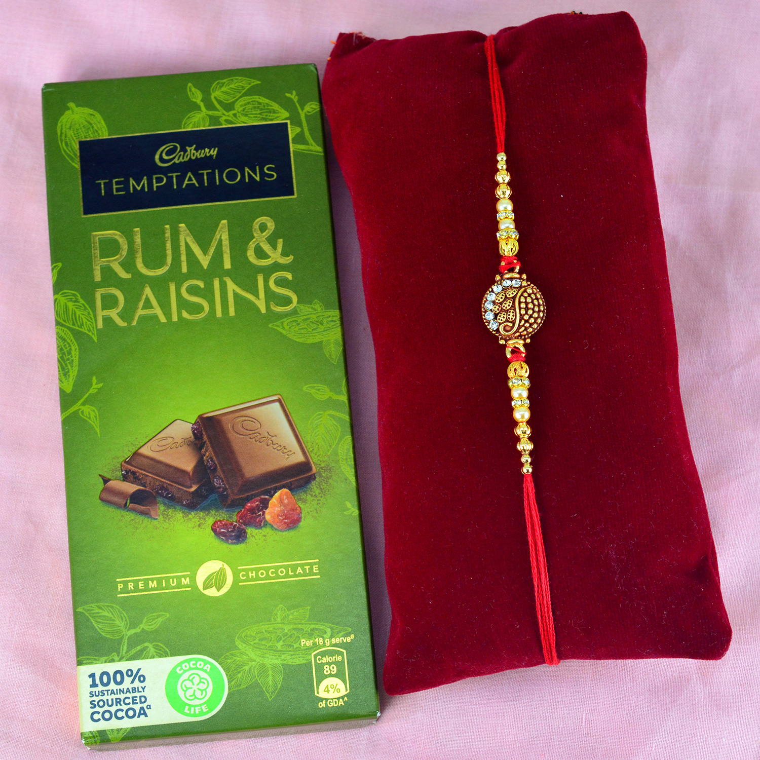 Cadbury Temptation Rum Raisins with Single Nice Work Bhaiya Rakhi with Chocolate Hamper
