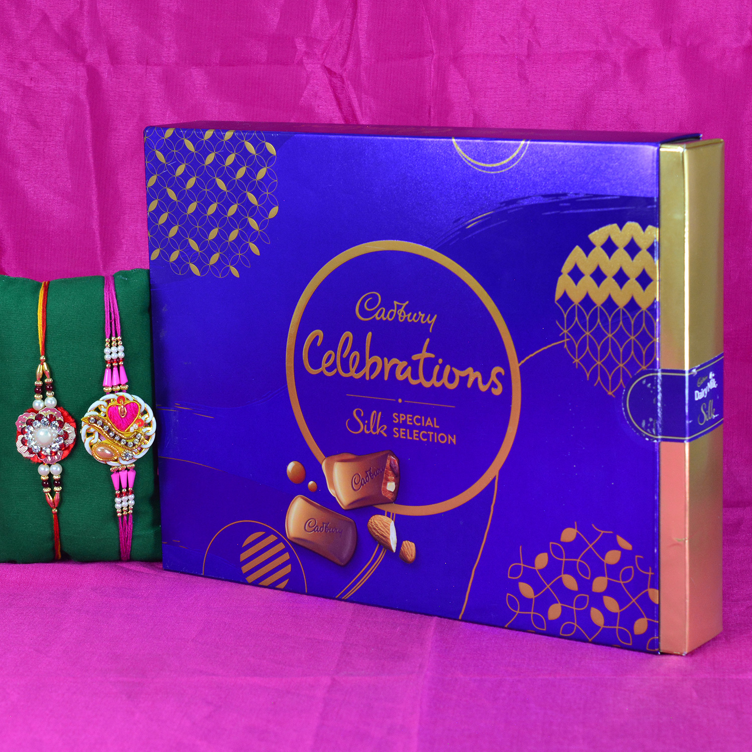 2 Heavy Zardosi Work Amazing Rakhis with Chocolate Hamper with Cadbury Celebration Silk Special Edition 