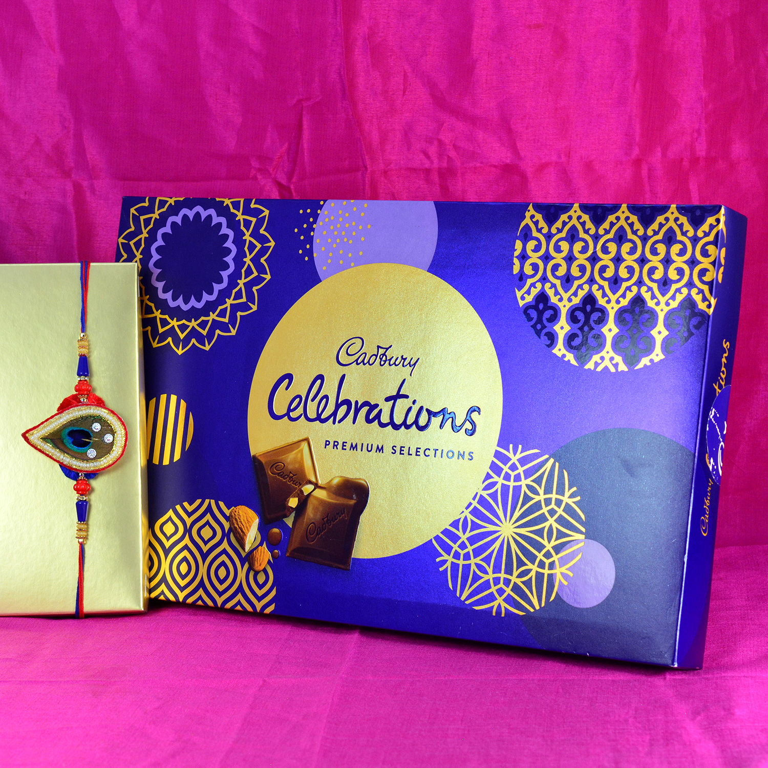 Mayur Color Zardosi Work Bhai Rakhi with Cadbury Celebration of Silk Special Chocolate Pack Big