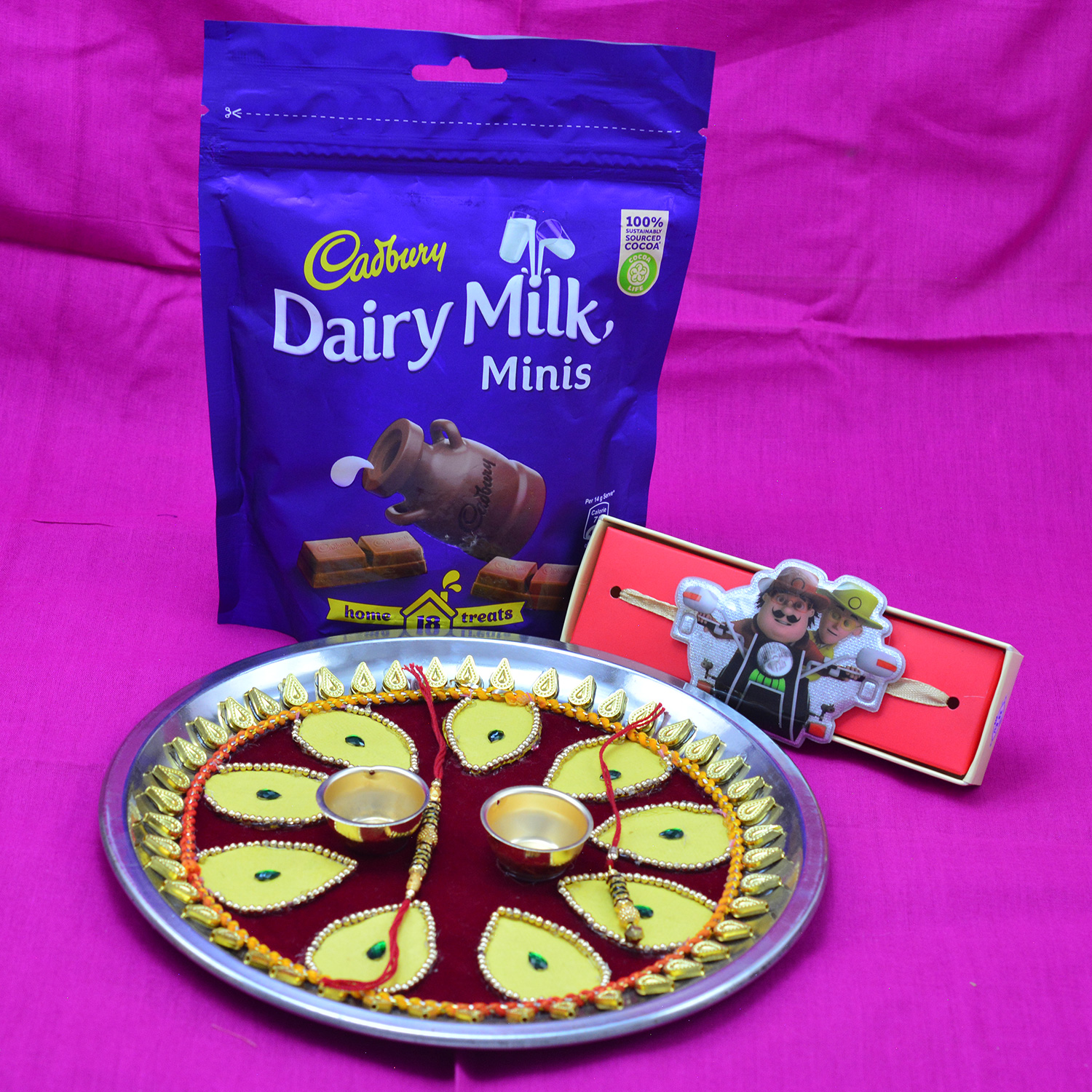 Dairy Milk Minis with Rakhis and Rakhi Pooja Thali Hamper