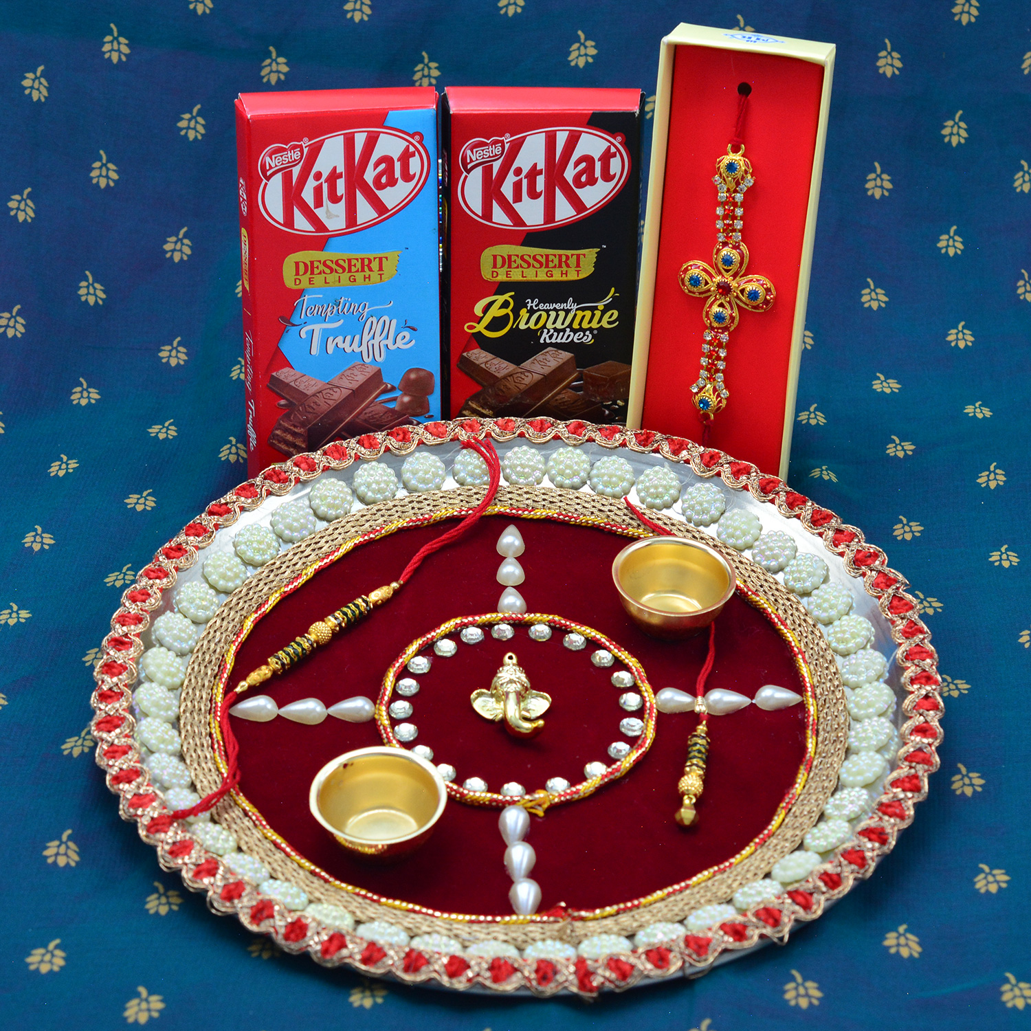 Tasty Branded Kitkat Chocolates and Rakhis with Rakhi Thali Hamper