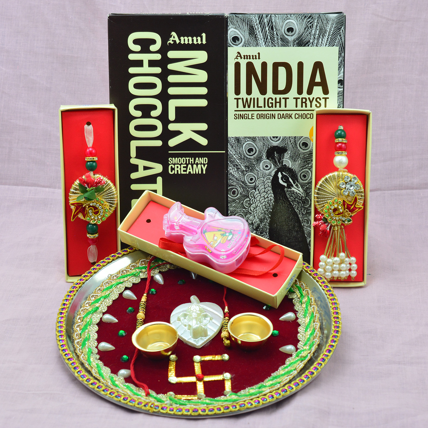 Marvelous Rakhis Amul Chocolates and Sacred Rakhi Pooja Thali Hamper