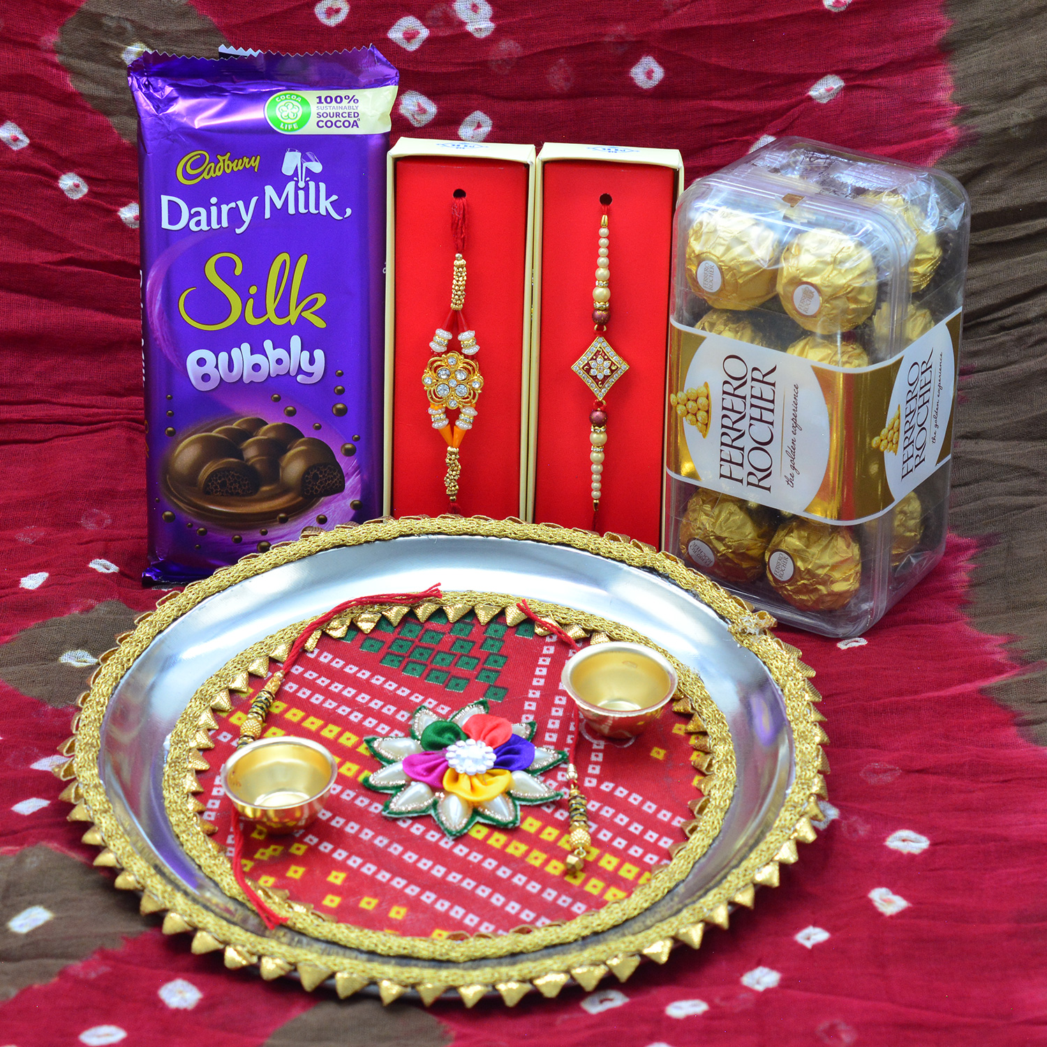 Ferrero Rocher and Dairy Milk Silk bubbly Chocolates Hamper with Flower Design Rakhi Pooja Thali