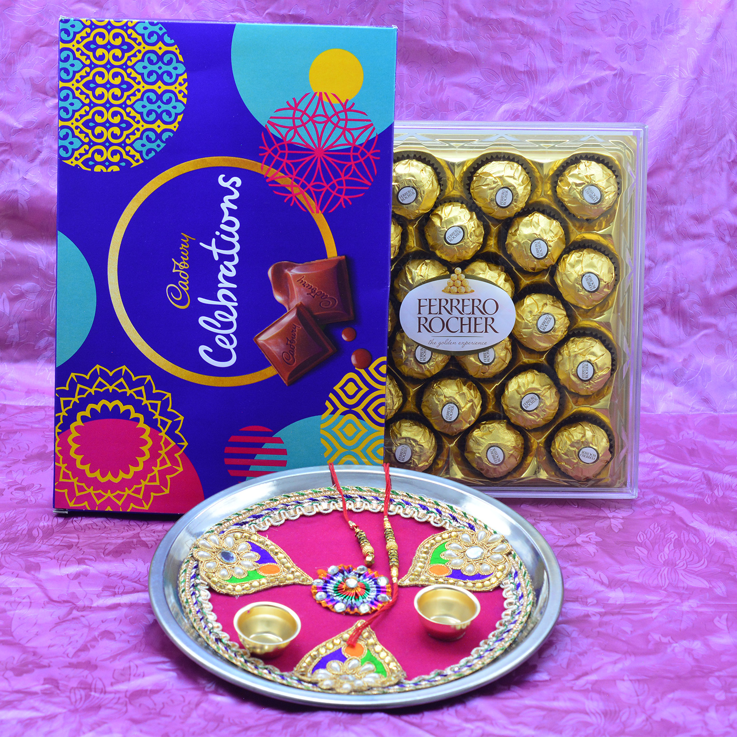 24 Pc Ferrero Rocher Chocolate with Cadbury Celebration and Nicely Design Rakhi Puja Thali