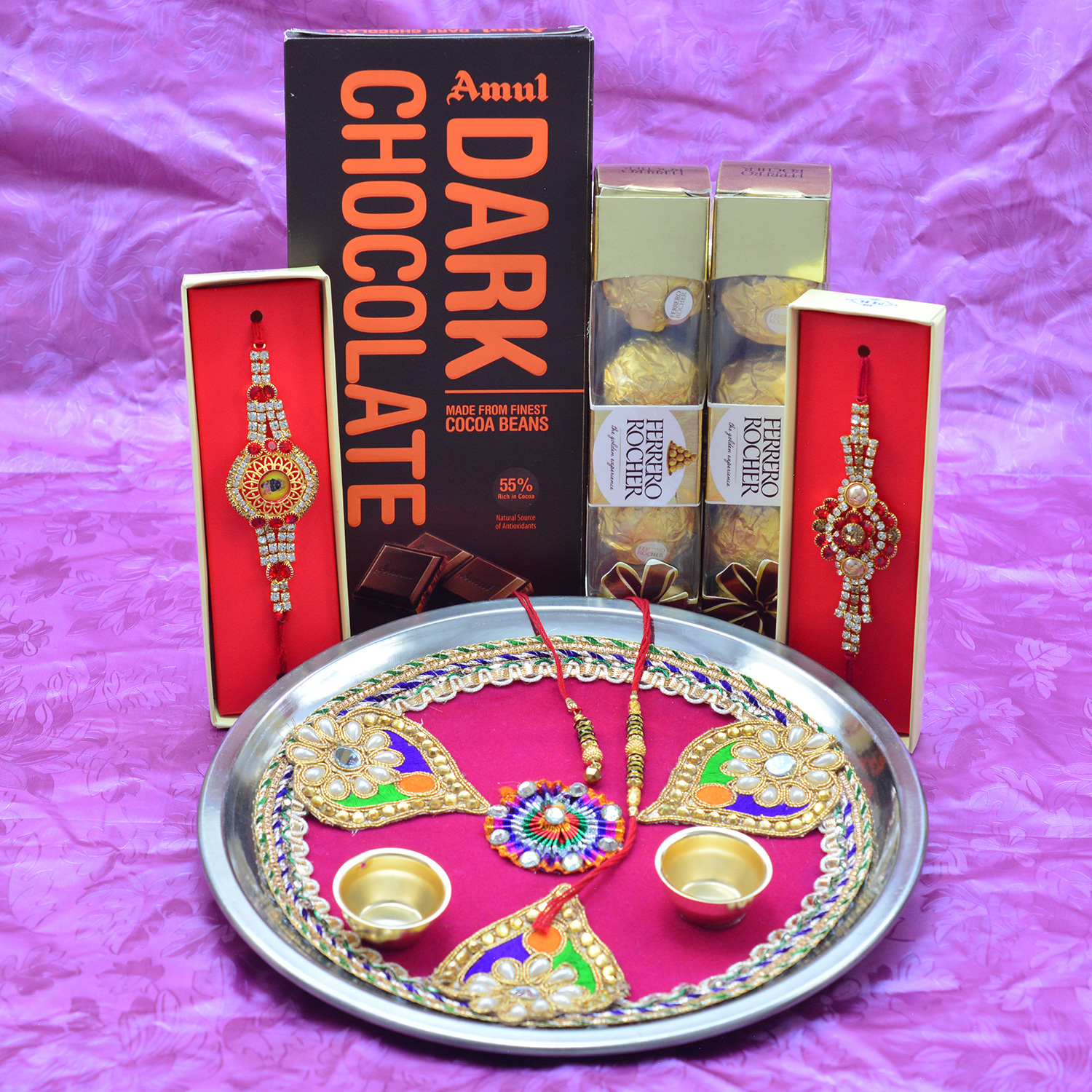 3 Enjoyable Chocolates Hamper with Amazing Rakhis and Pink Color Divine Puja Thali