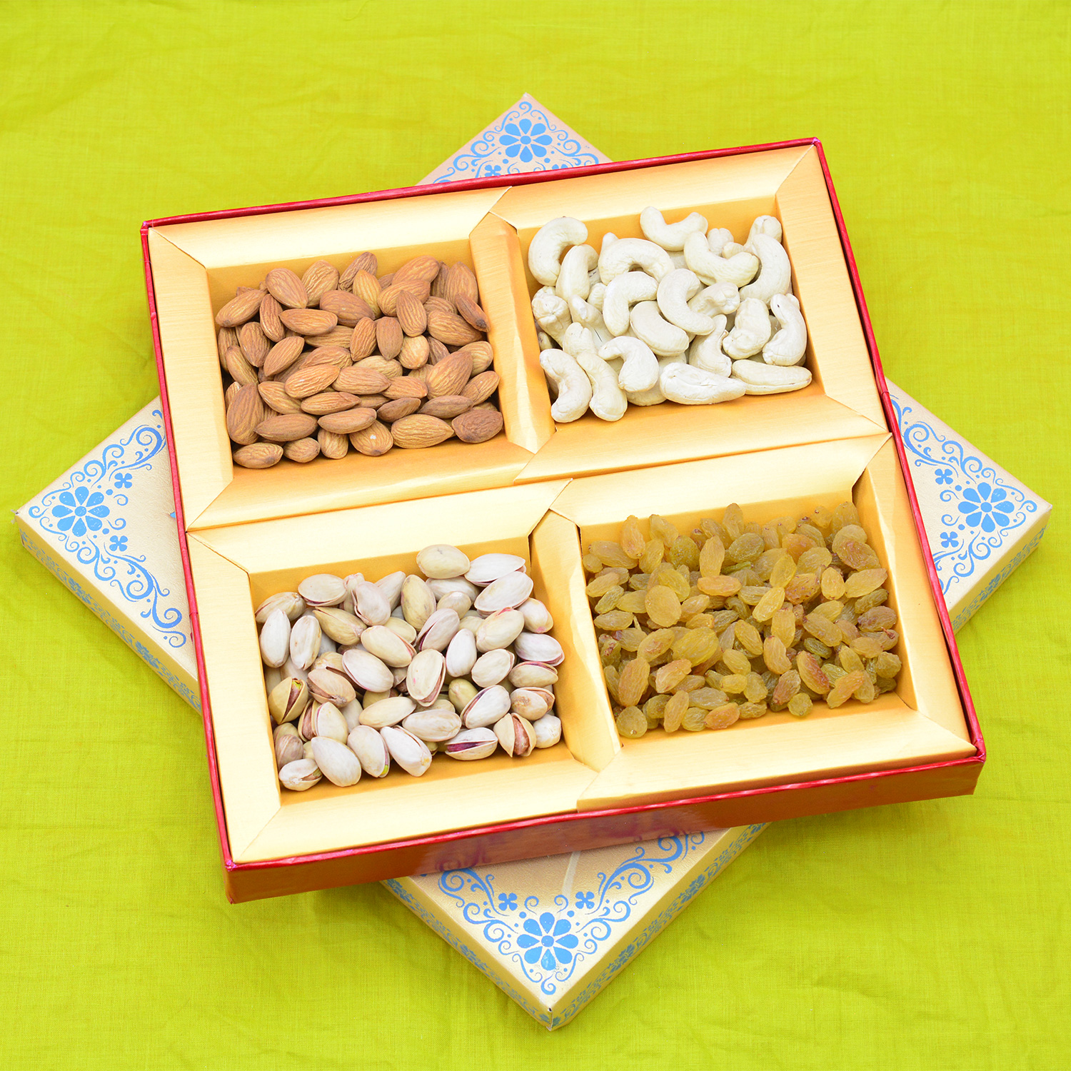 Golden Base Transparent Upper Cover Dry Fruit Box with 4 Types of Dry Fruits