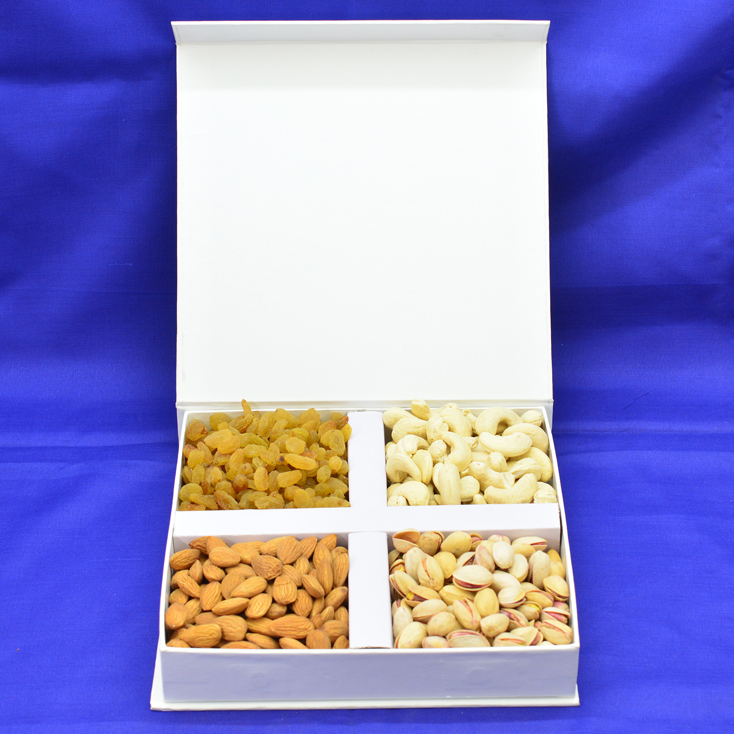 White Dry Fruit Box with Four Types of Dry Fruits Hamper