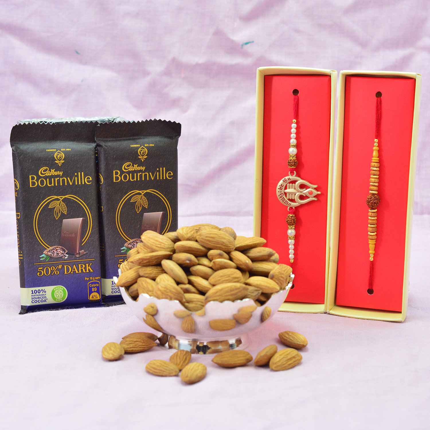 2 Brothers Amazing Rakhis with 2 Bourneville Chocolate and Almonds Dry Fruit Hamper