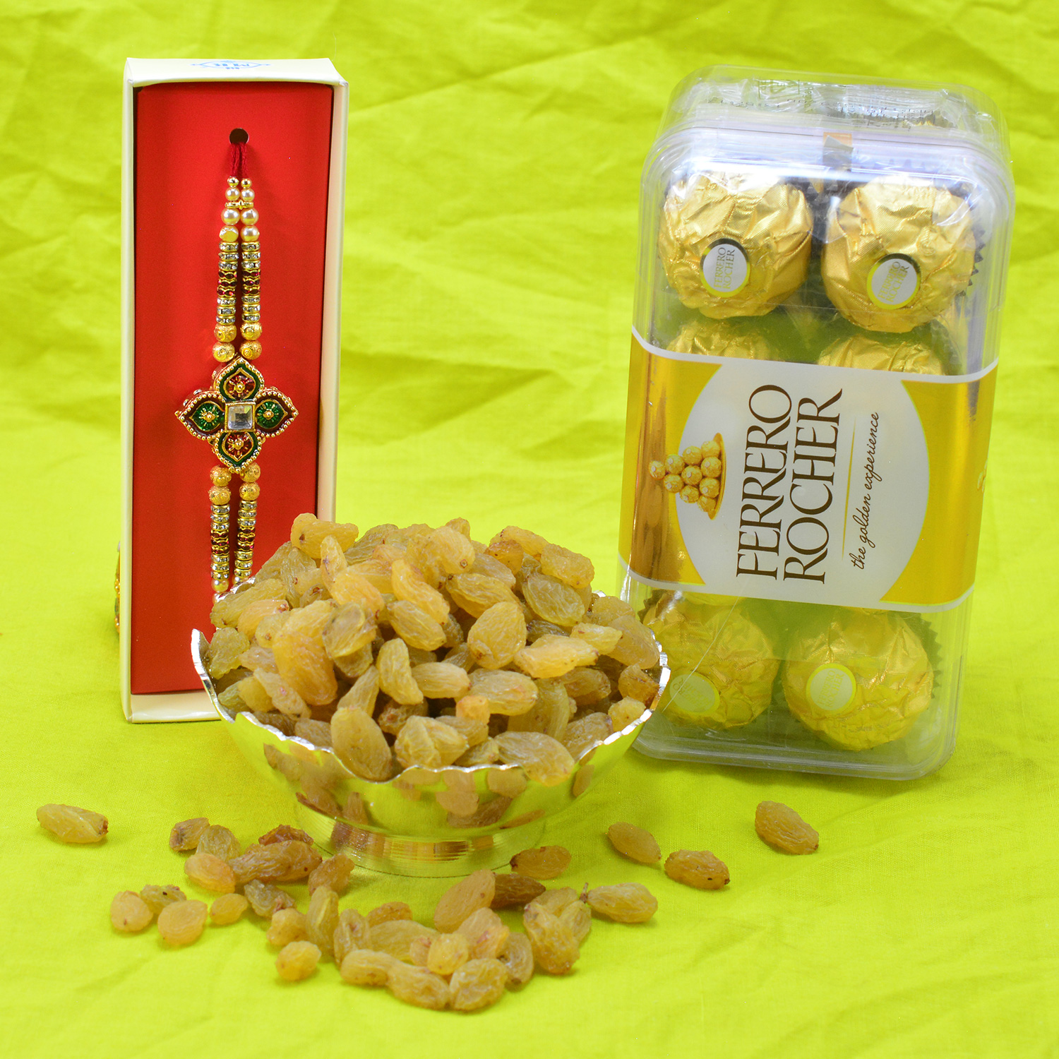 Kundan Meena Work Designer Rakhi with Ferrero Rocher Chocolate and Kishmish Dry Fruit