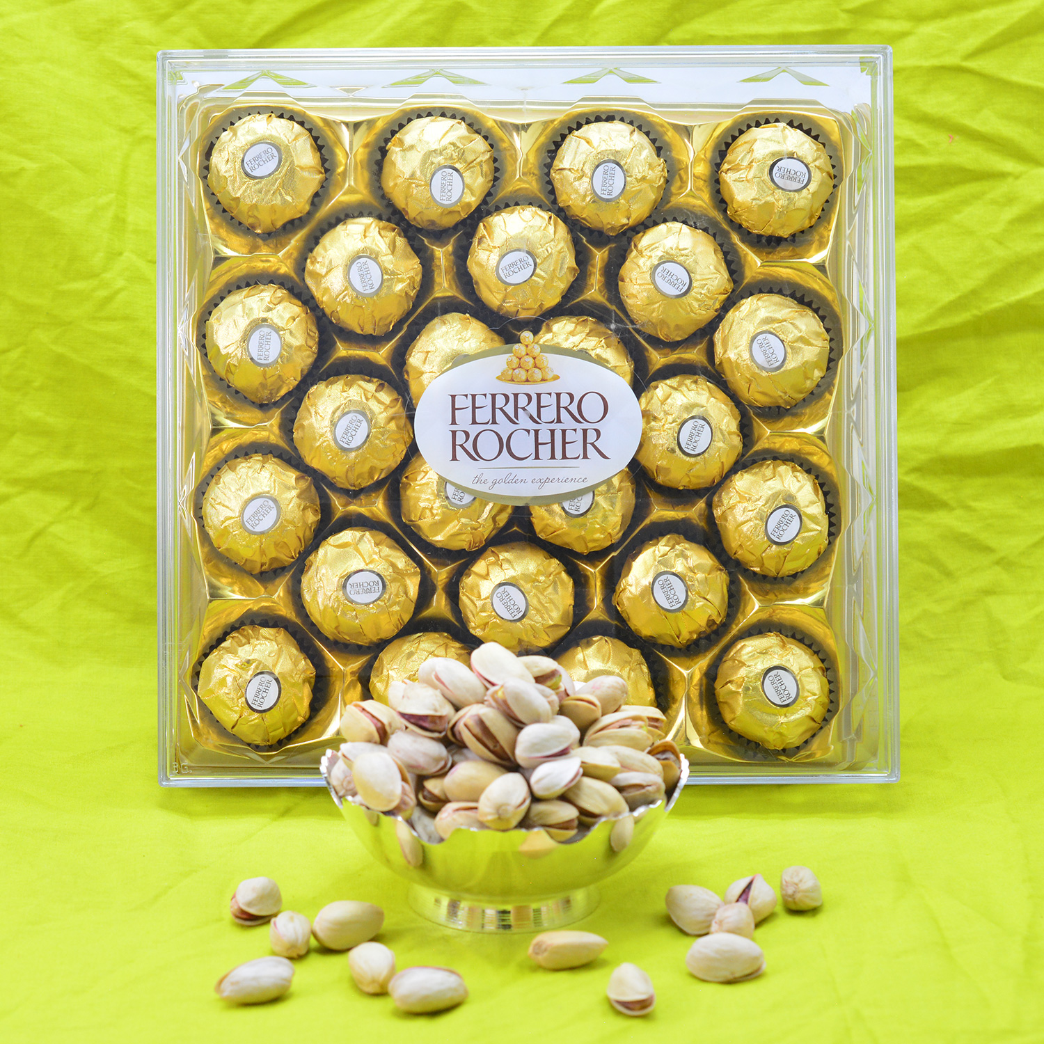 24 Pc Ferrero Rocher Chocolate along with Tasty Roasted Pistachios Dry Fruit Hamper