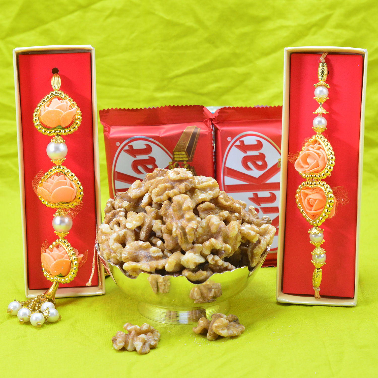 Beautiful Looking Bhaiya Bhabhi Rakhi Collection with Kitkat Chocolates and Akhrot Dry Fruit 