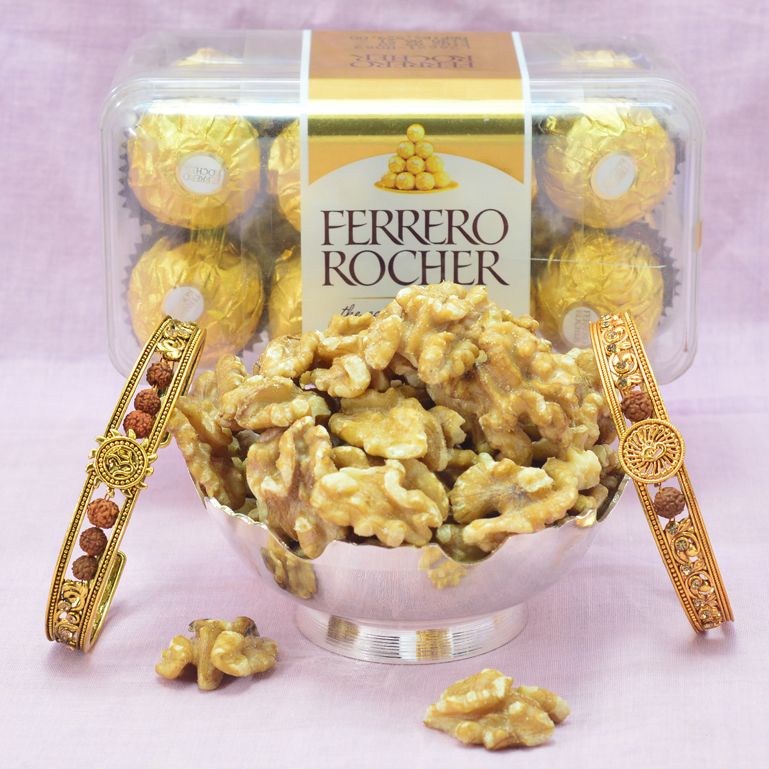Ferrero Rocher 16 Pc Chocolate with Walnut Akhrot Dry Fruit and Golden Bracelet for Bhaiya Hamper