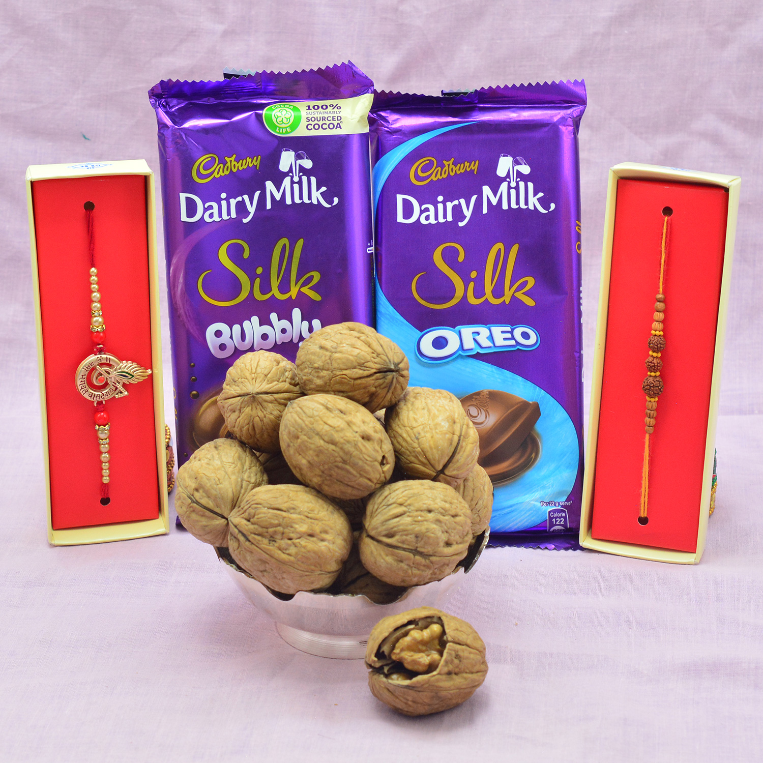 Bubby and Oreo Silk Chocolates and Rakhis with Akhrot with Shells Dry Fruits