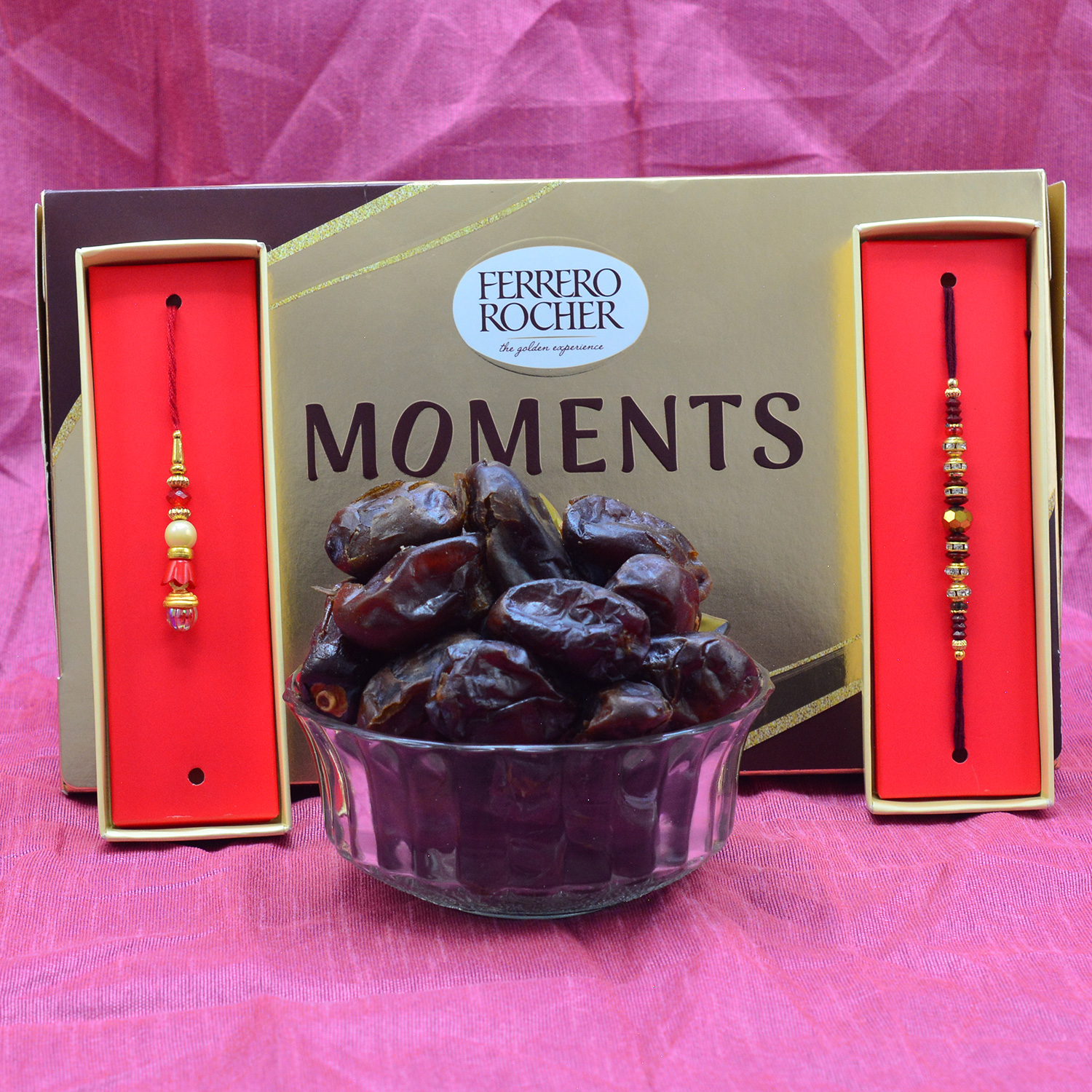 Ferrero Rocher Moments Chocolate with Bhaiya Bhabhi Rakhi Set and Tasty Sweet Pind Khajoor Dry Fruit