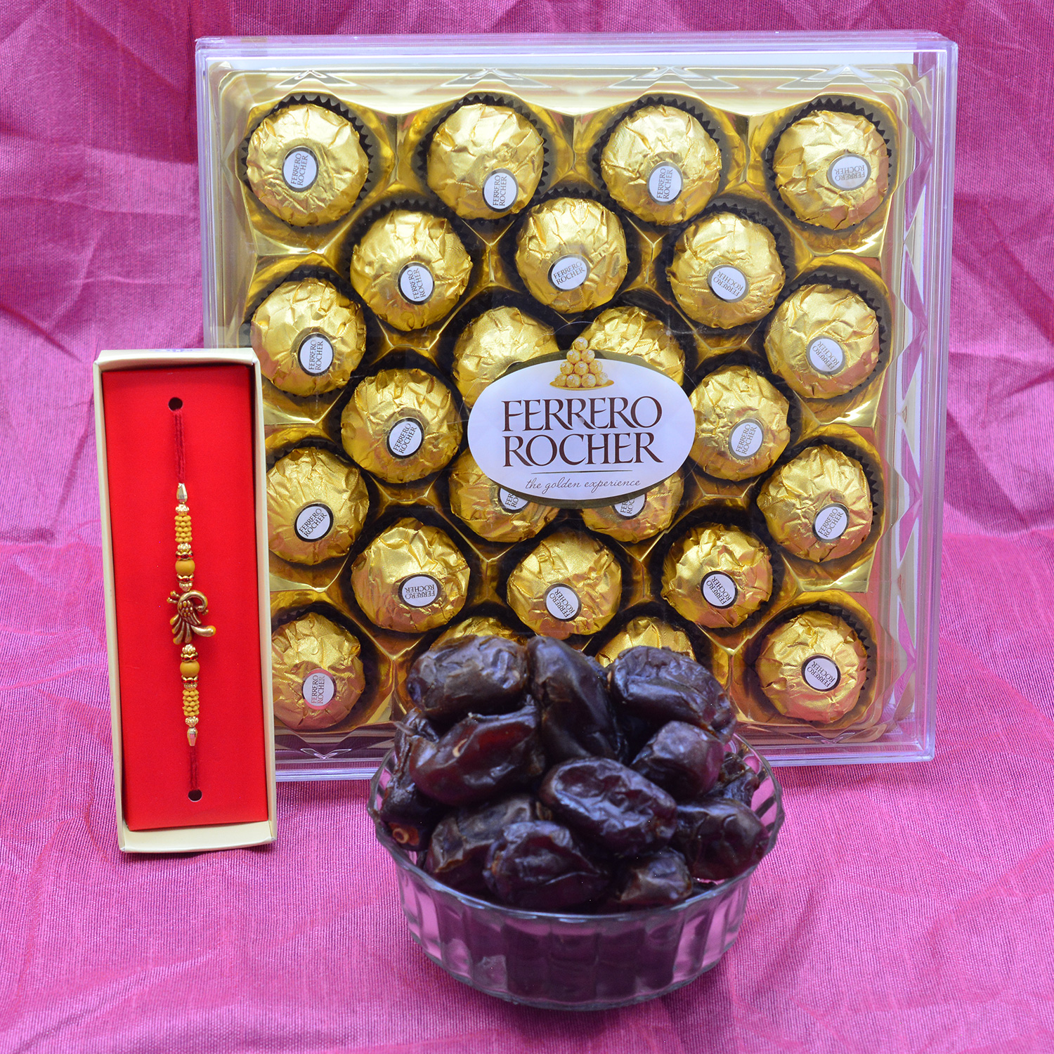 Ferrero Rocher 24 Pc Chocolate with 1 Brother Rakhi and Pind Khajoor or Dates