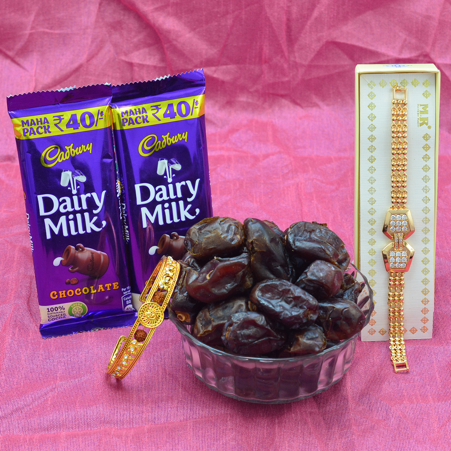 Golden Color Bracelet Rakhi Set with Tasty Dairy Milk Chocolates and Dates Dry Fruits