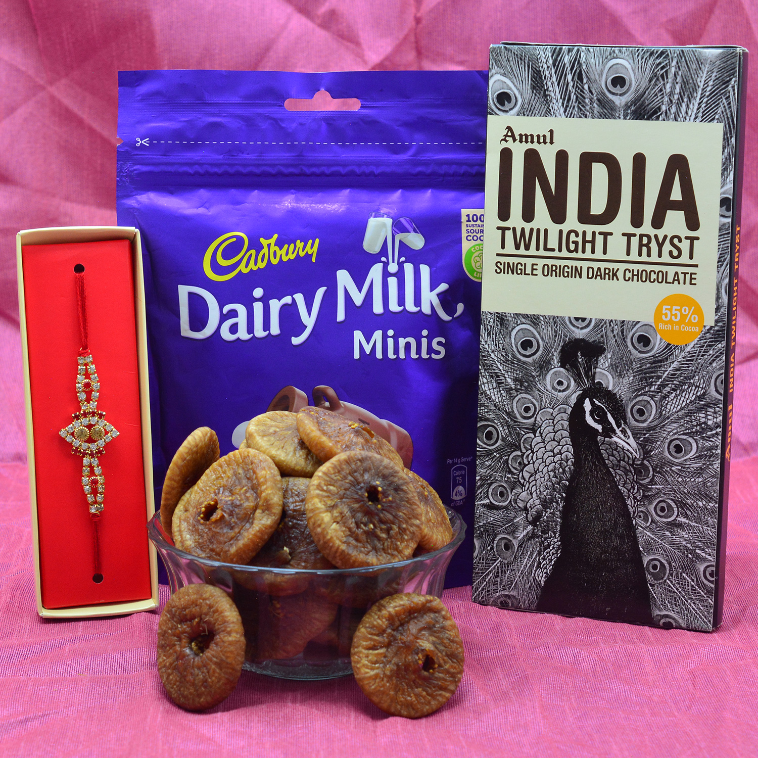 Cadbury Dairy Milk Minis and Amul Chocolate along with Brother Rakhi and Anjeer Dry Fruit