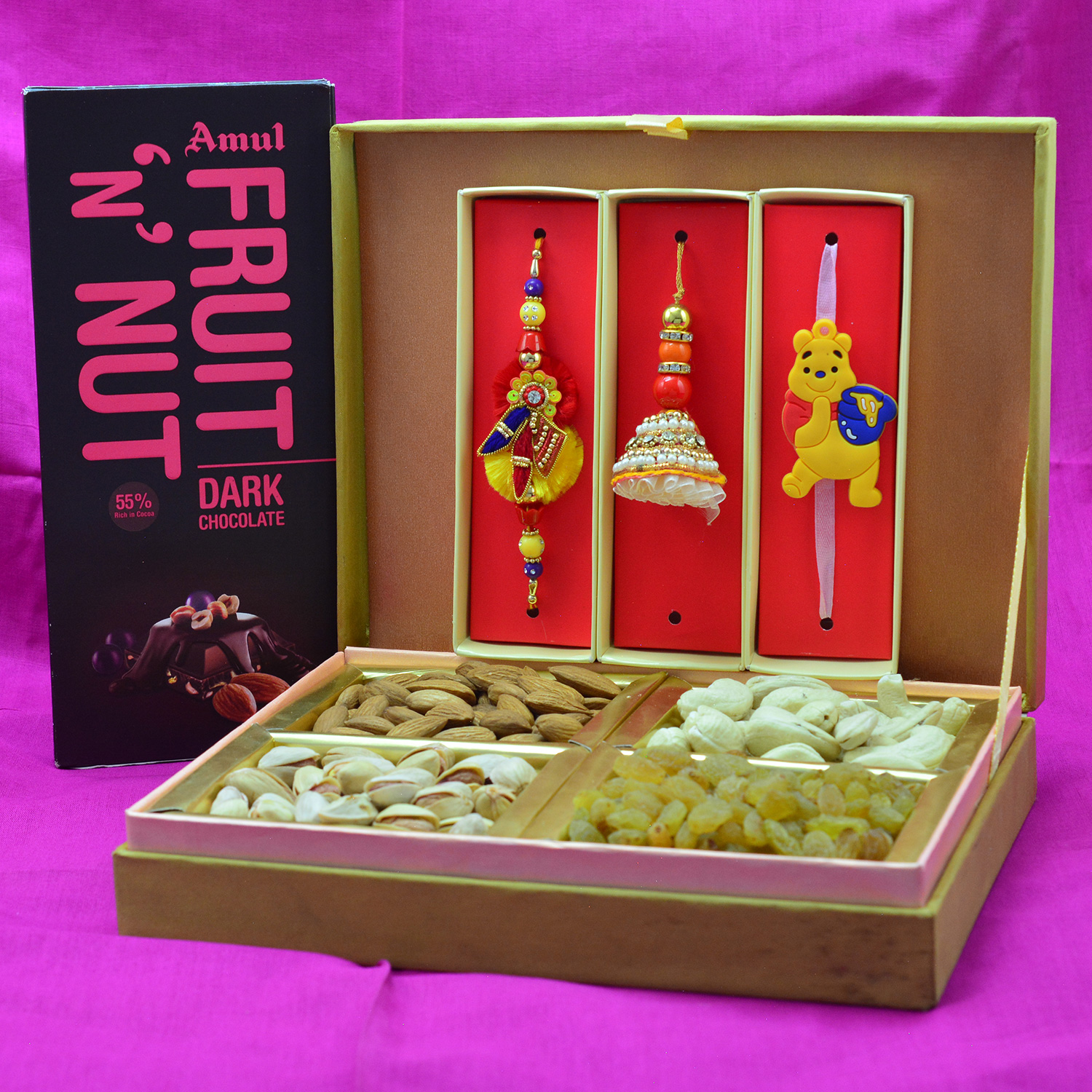Amul Fruit and Nut Chocolate with Bhaiya Bhabhi and Kid Rakhi and 4 Types of Dry Fruits