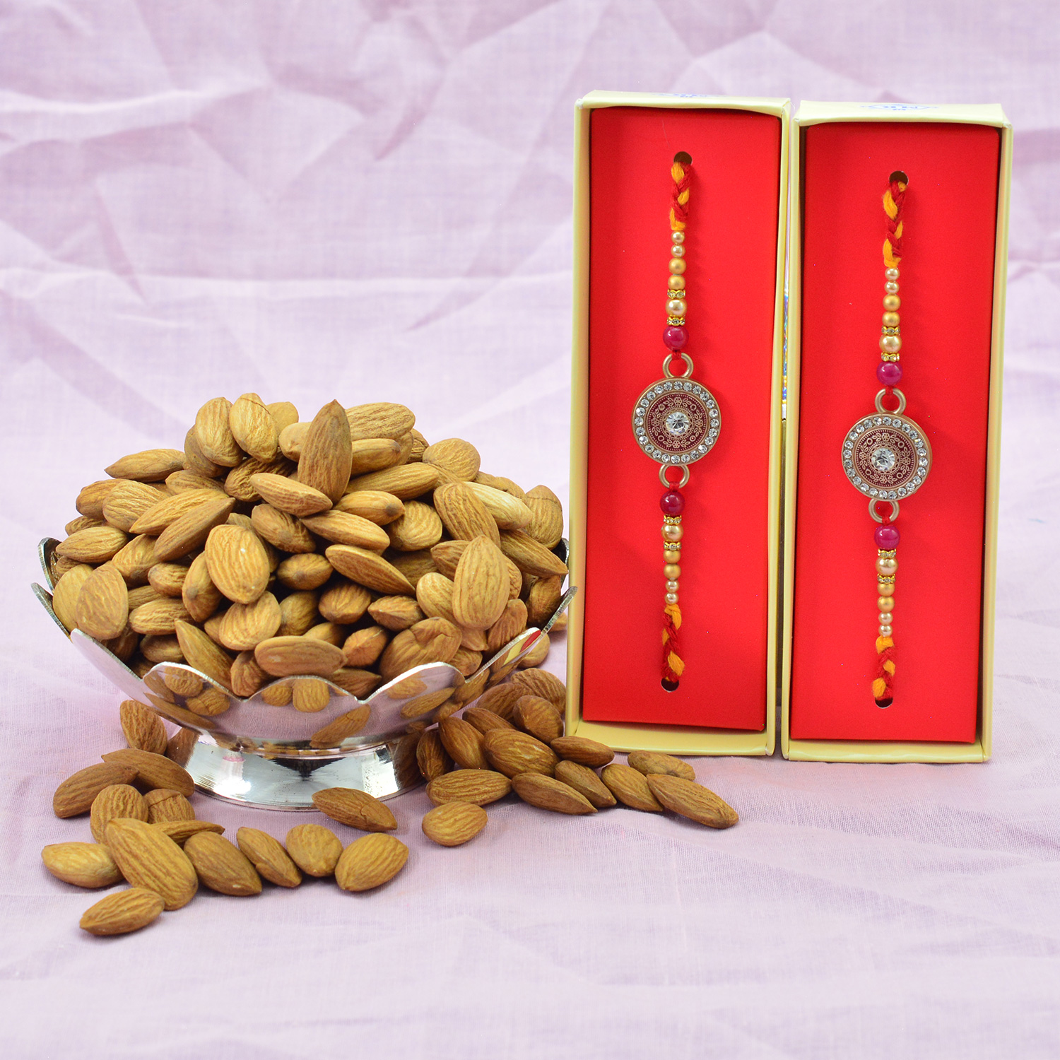 Two Same Type Pearl Rakhis for Brother with Almonds Dry Fruits